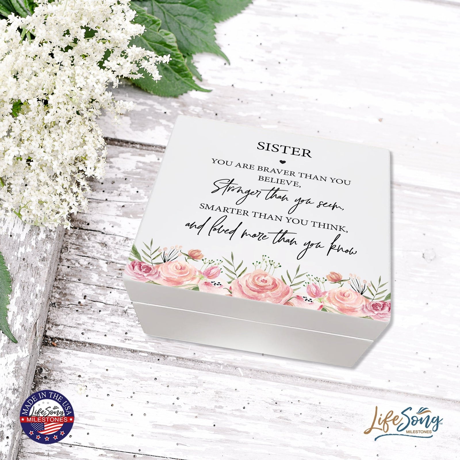 Modern Inspiring White Jewelry Keepsake Box for Sister 6x5.5 - Stronger Than You Seem - LifeSong Milestones
