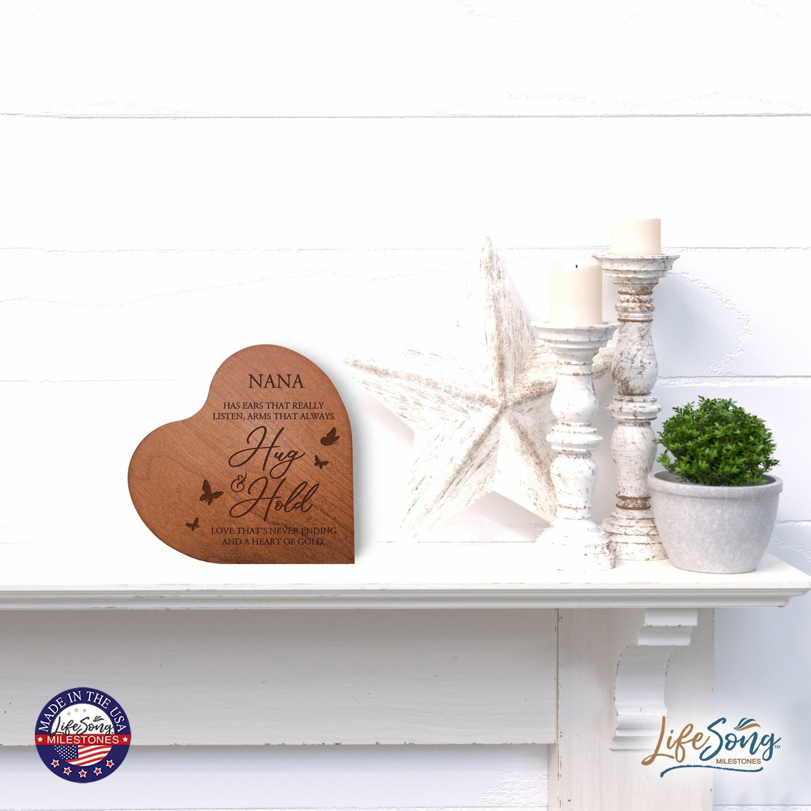 Modern Nana’s Love Solid Wood Heart Decoration With Inspirational Verse Keepsake Gift 5x5.25 - Nana Has Ears That Really = Never Ending - LifeSong Milestones
