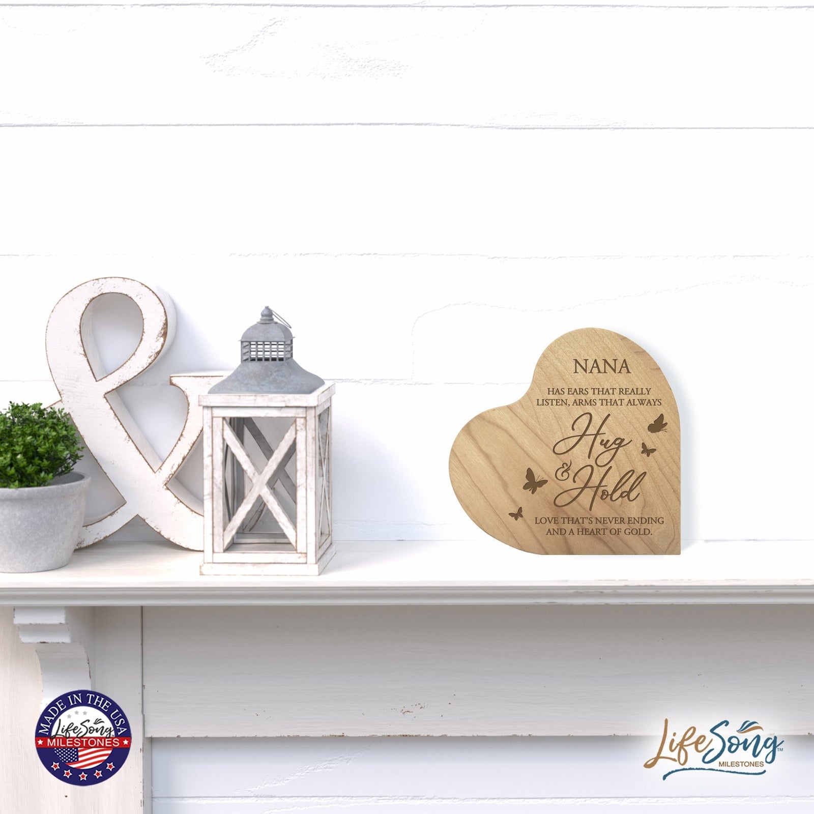Modern Nana’s Love Solid Wood Heart Decoration With Inspirational Verse Keepsake Gift 5x5.25 - Nana Has Ears That Really = Never Ending - LifeSong Milestones