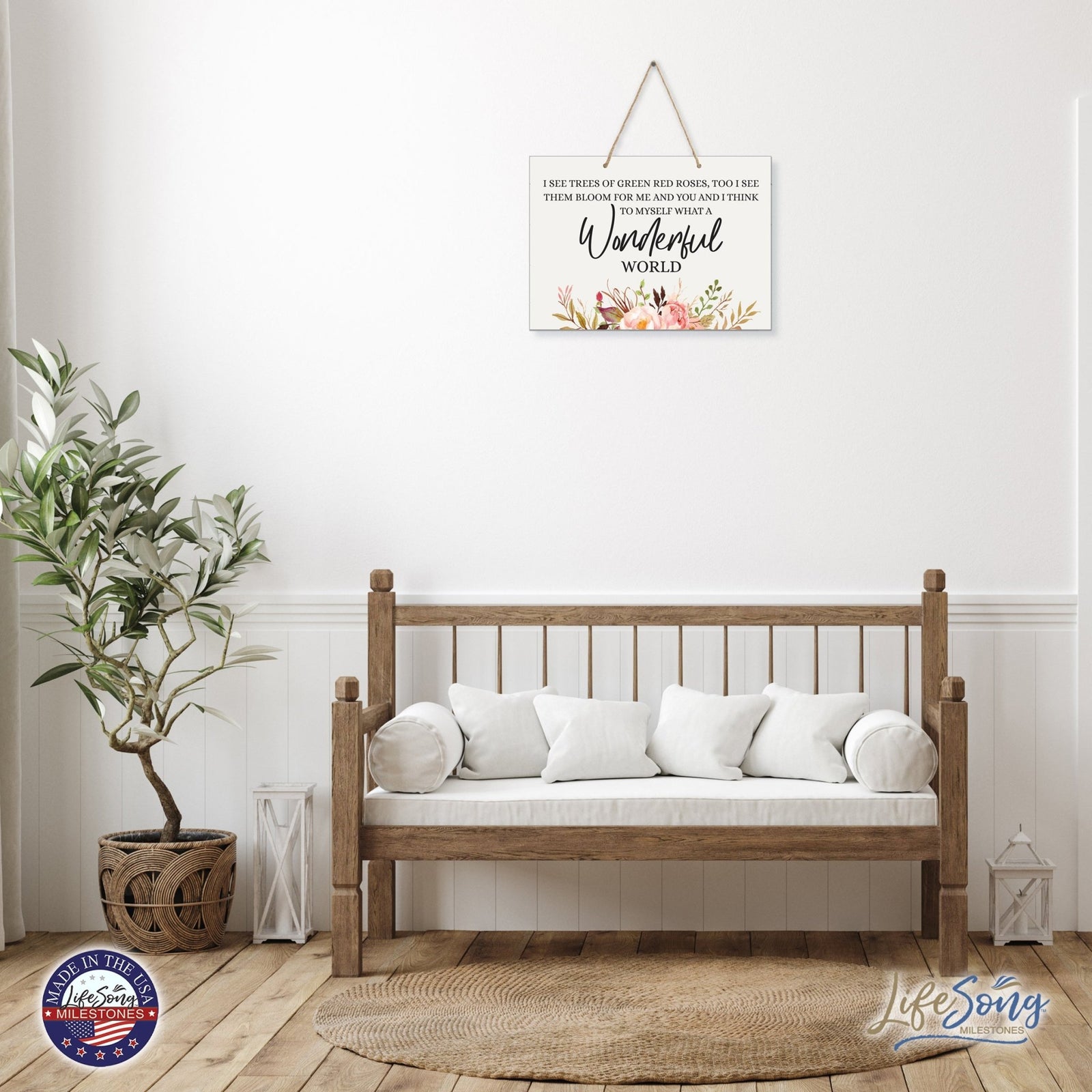 Modern Wooden Horizontal Wall Hanging Rope Sign 12x15 - Wonderful World - LifeSong Milestones