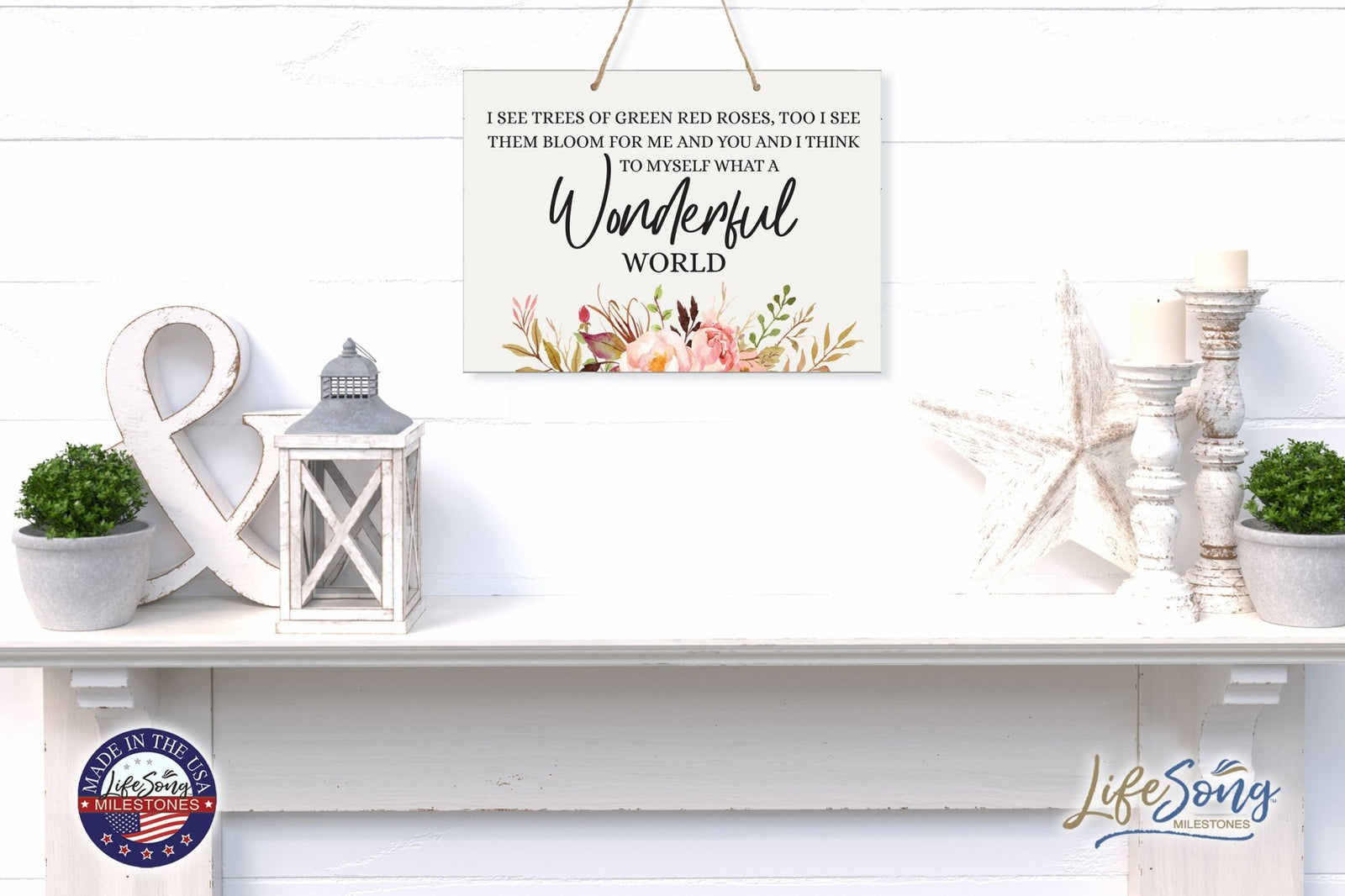 Modern Wooden Horizontal Wall Hanging Rope Sign 12x15 - Wonderful World - LifeSong Milestones