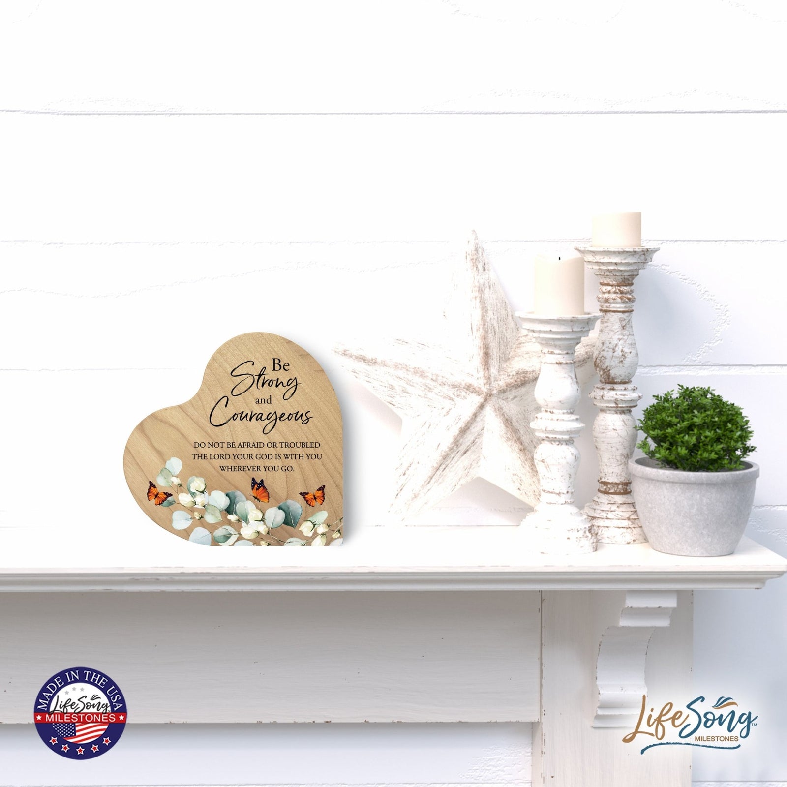 Modern Wooden Inspirational Heart Block 5in- Be Strong And Courageous - LifeSong Milestones