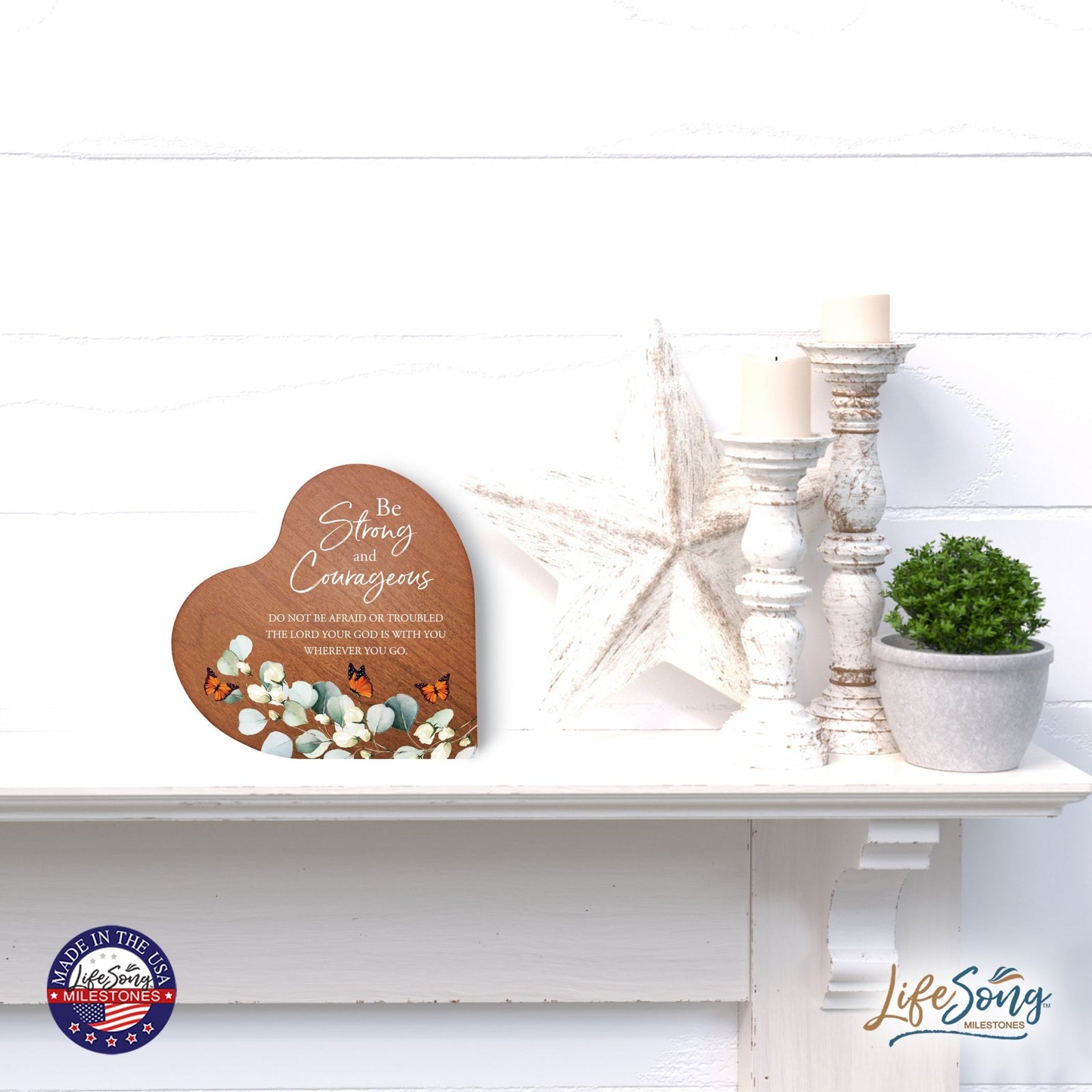 Modern Wooden Inspirational Heart Block 5in- Be Strong And Courageous - LifeSong Milestones