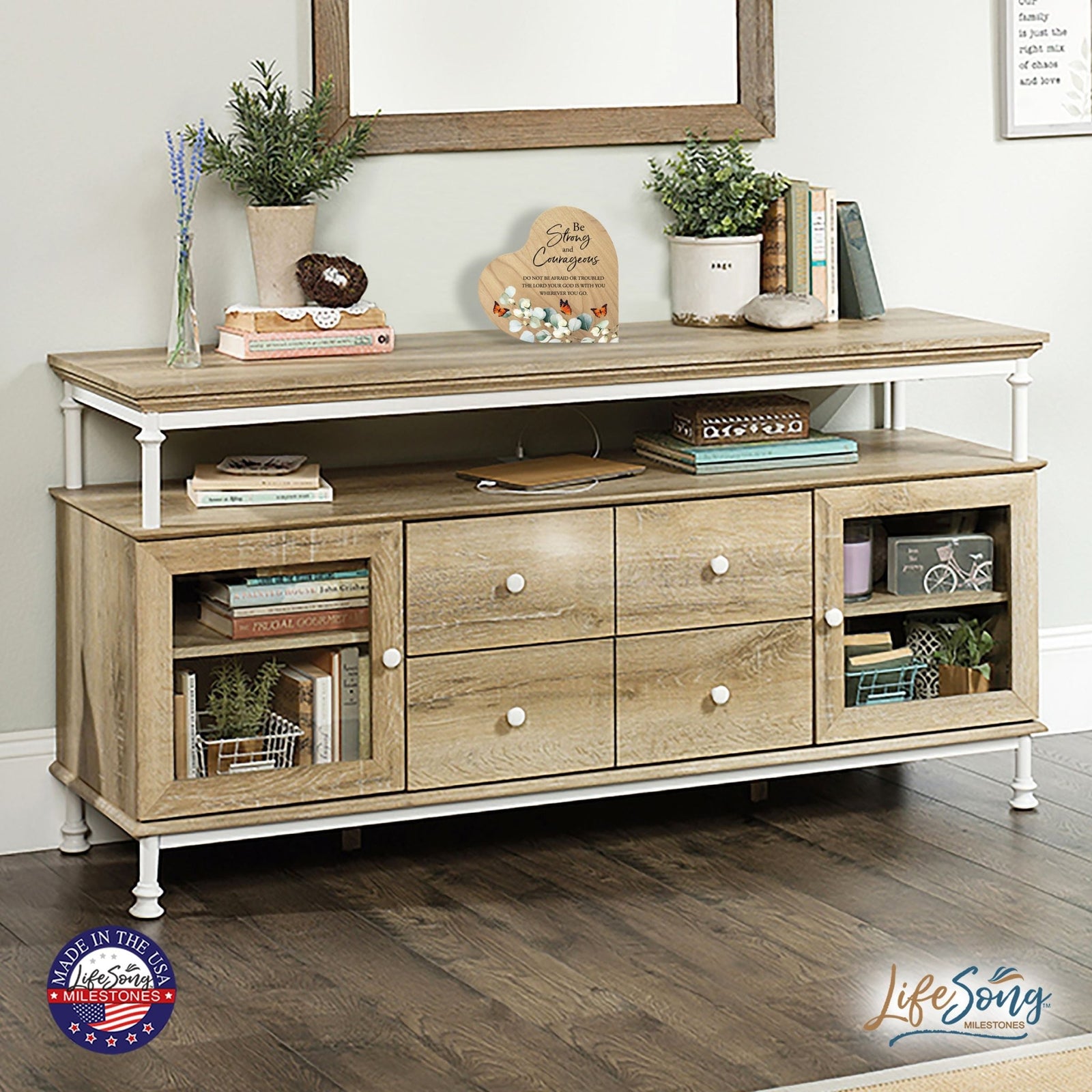 Modern Wooden Inspirational Heart Block 5in- Be Strong And Courageous - LifeSong Milestones