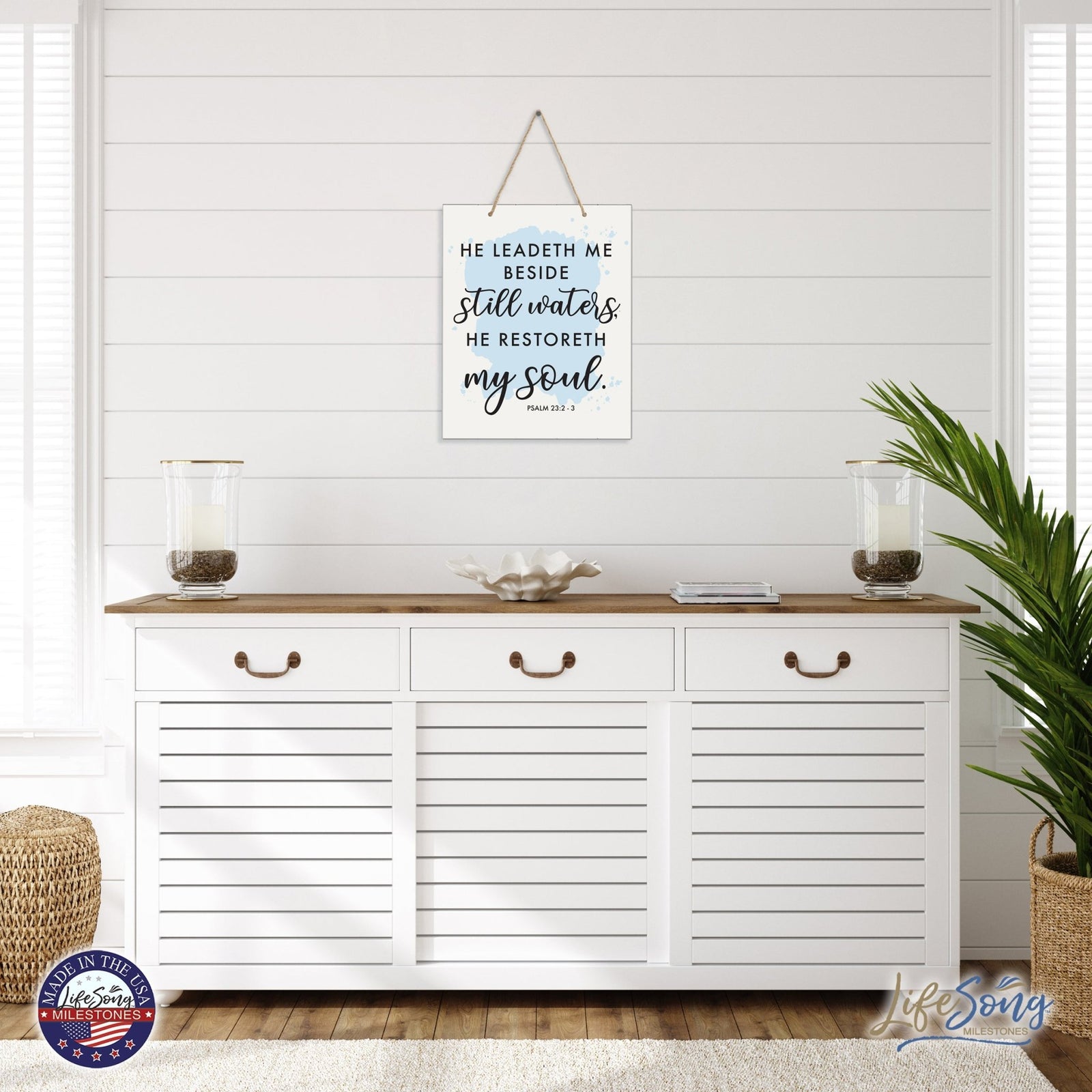 Modern Wooden Vertical Wall Hanging Rope Sign 12x15 - Bible Verse - LifeSong Milestones