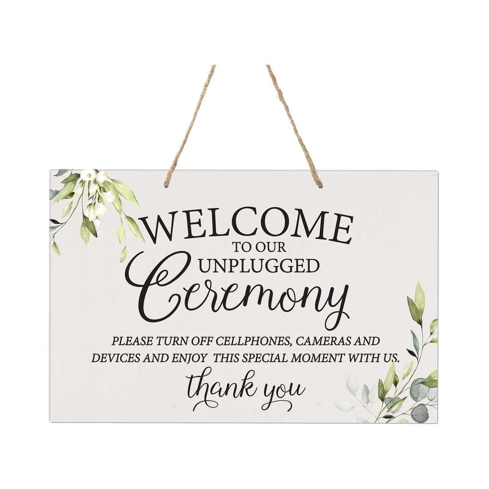 Modern Wooden Wall Hanging Rope Sign for Wedding 8 x 12 - Welcome To Our Unplugged Ceremony - LifeSong Milestones