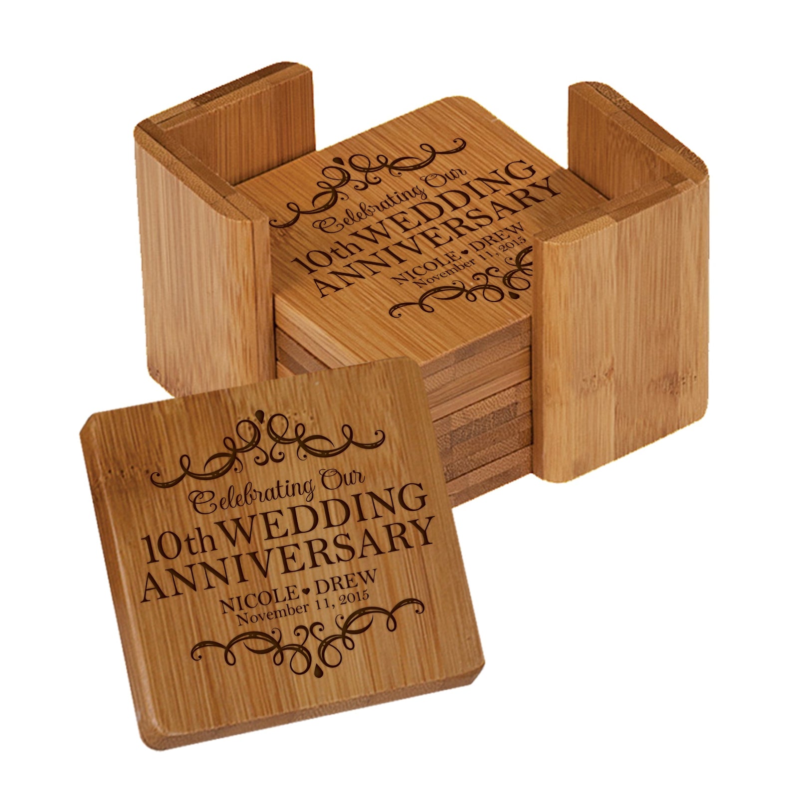 Personalized 10th Wedding Anniversary Bamboo 6pcs Coaster Set - LifeSong Milestones