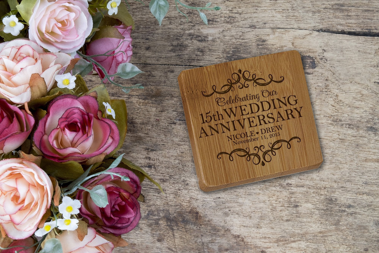 Personalized 15th Wedding Anniversary Bamboo 6pcs Coaster Set - LifeSong Milestones