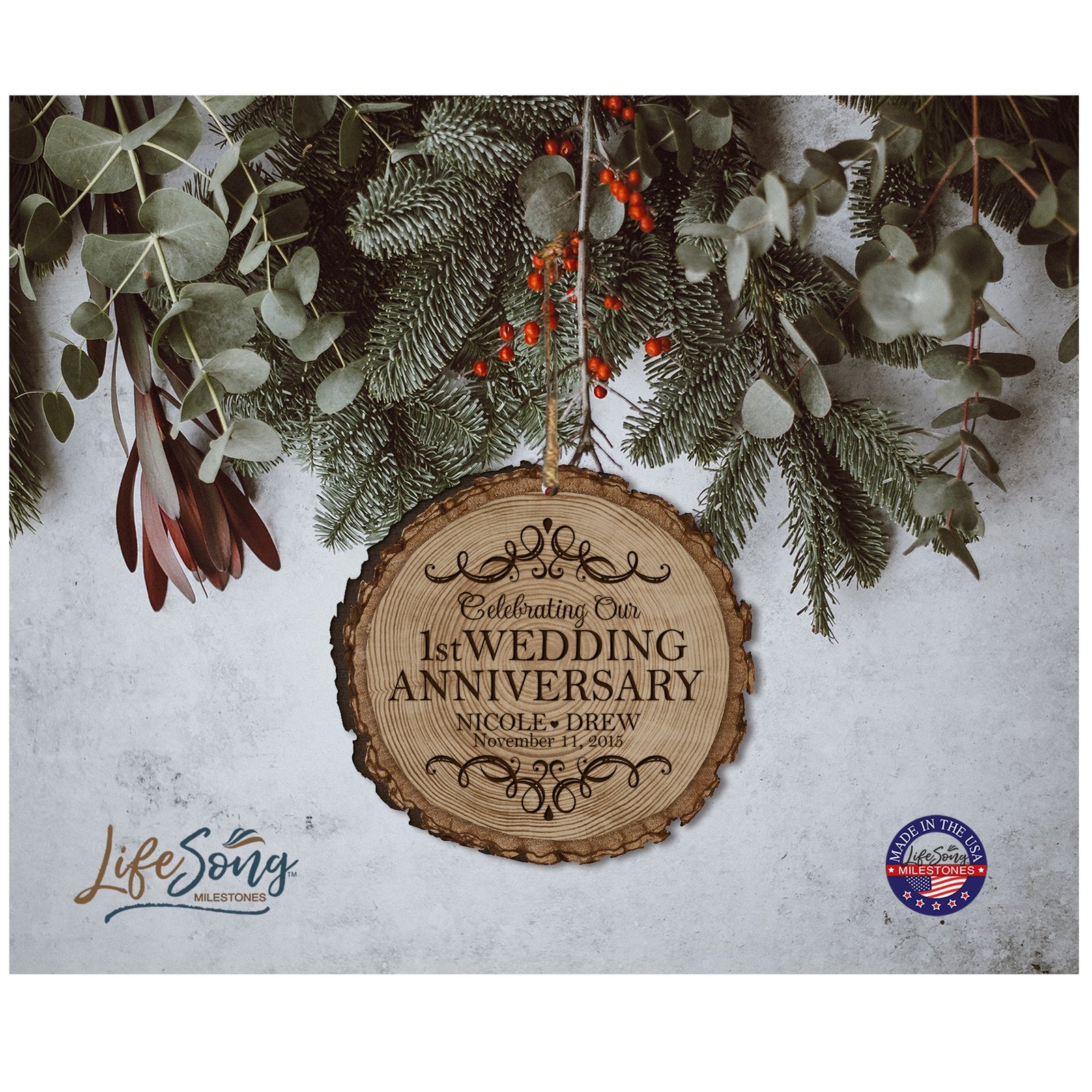 Personalized 1st Wedding Anniversary Engraved Ornament - LifeSong Milestones