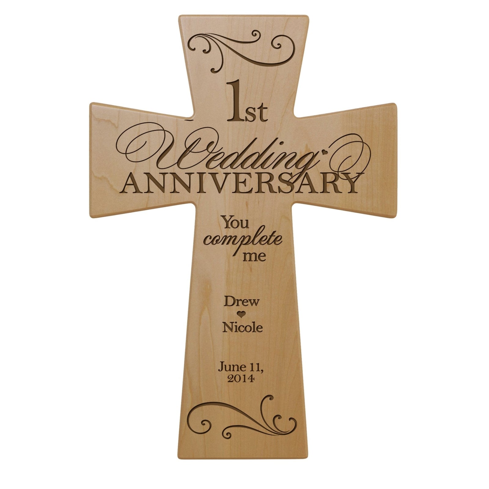 Personalized 1st Wedding Anniversary Engraved Wall Cross - You Complete Me - LifeSong Milestones