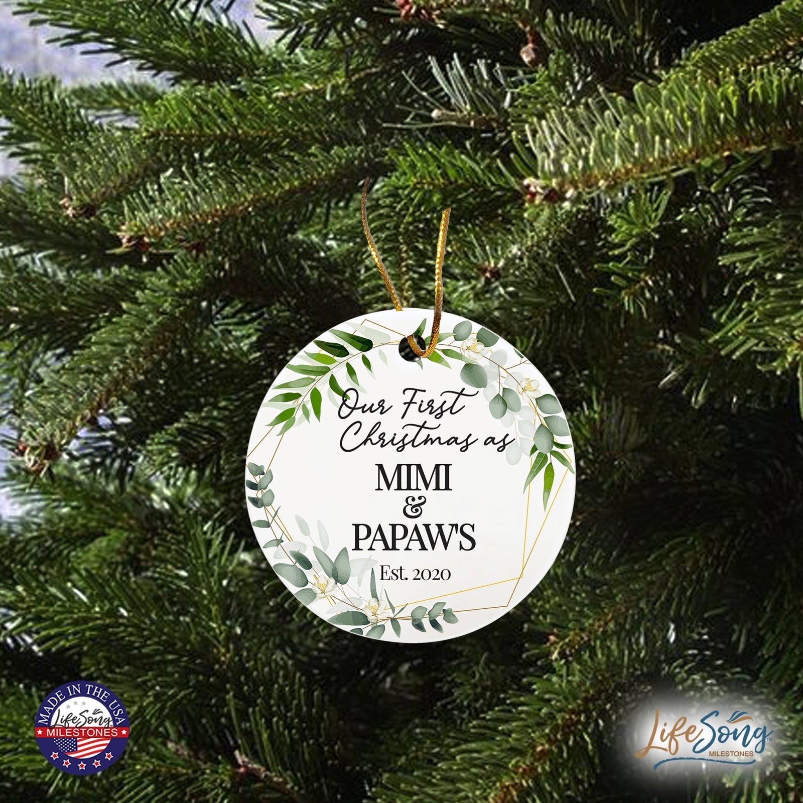 Personalized 2.75in Christmas Ceramic White Round Ornament for Grandparents - Our First Christmas - LifeSong Milestones