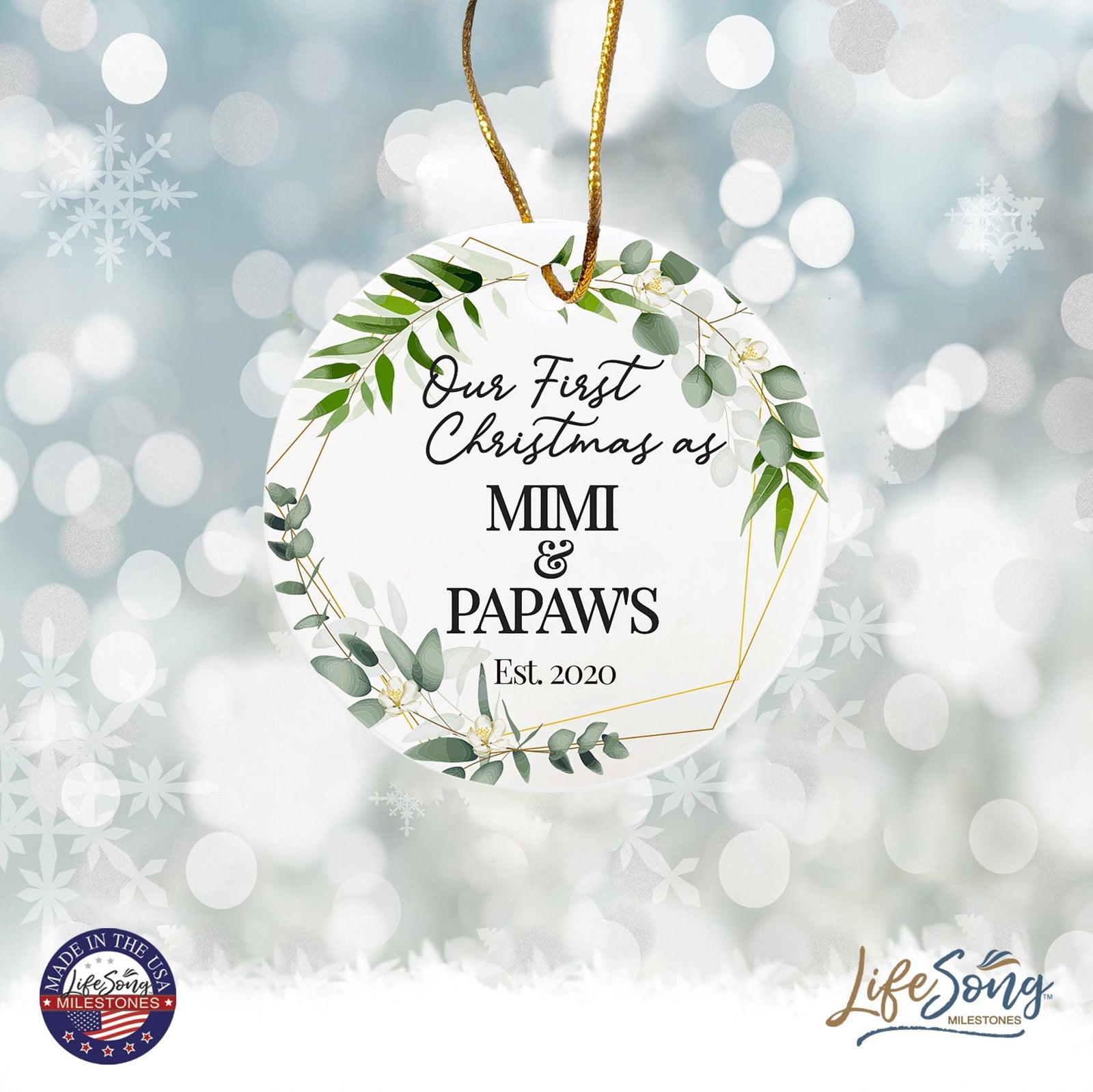 Personalized 2.75in Christmas Ceramic White Round Ornament for Grandparents - Our First Christmas - LifeSong Milestones