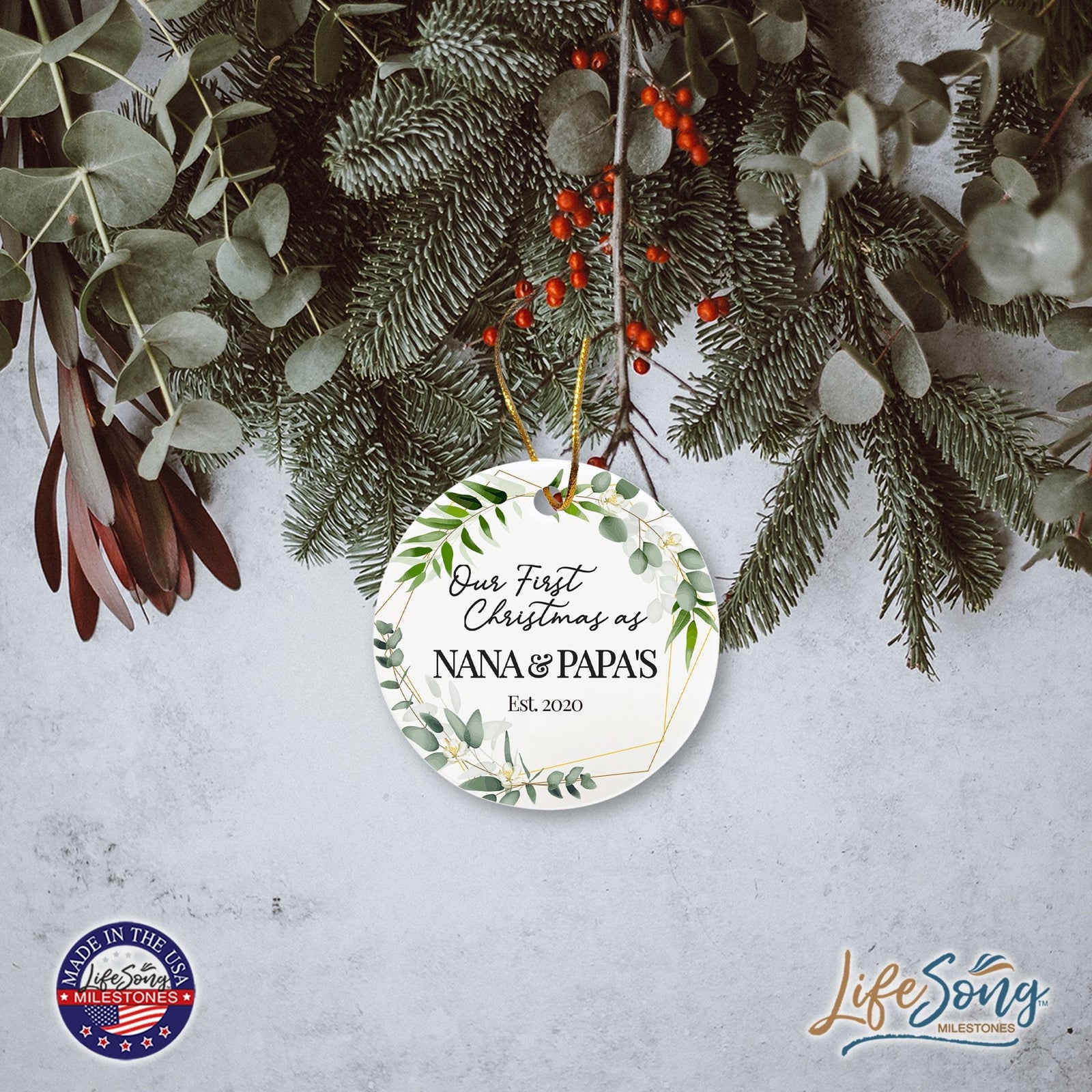 Personalized 2.75in Christmas Ceramic White Round Ornament for Grandparents - Our First Christmas - LifeSong Milestones