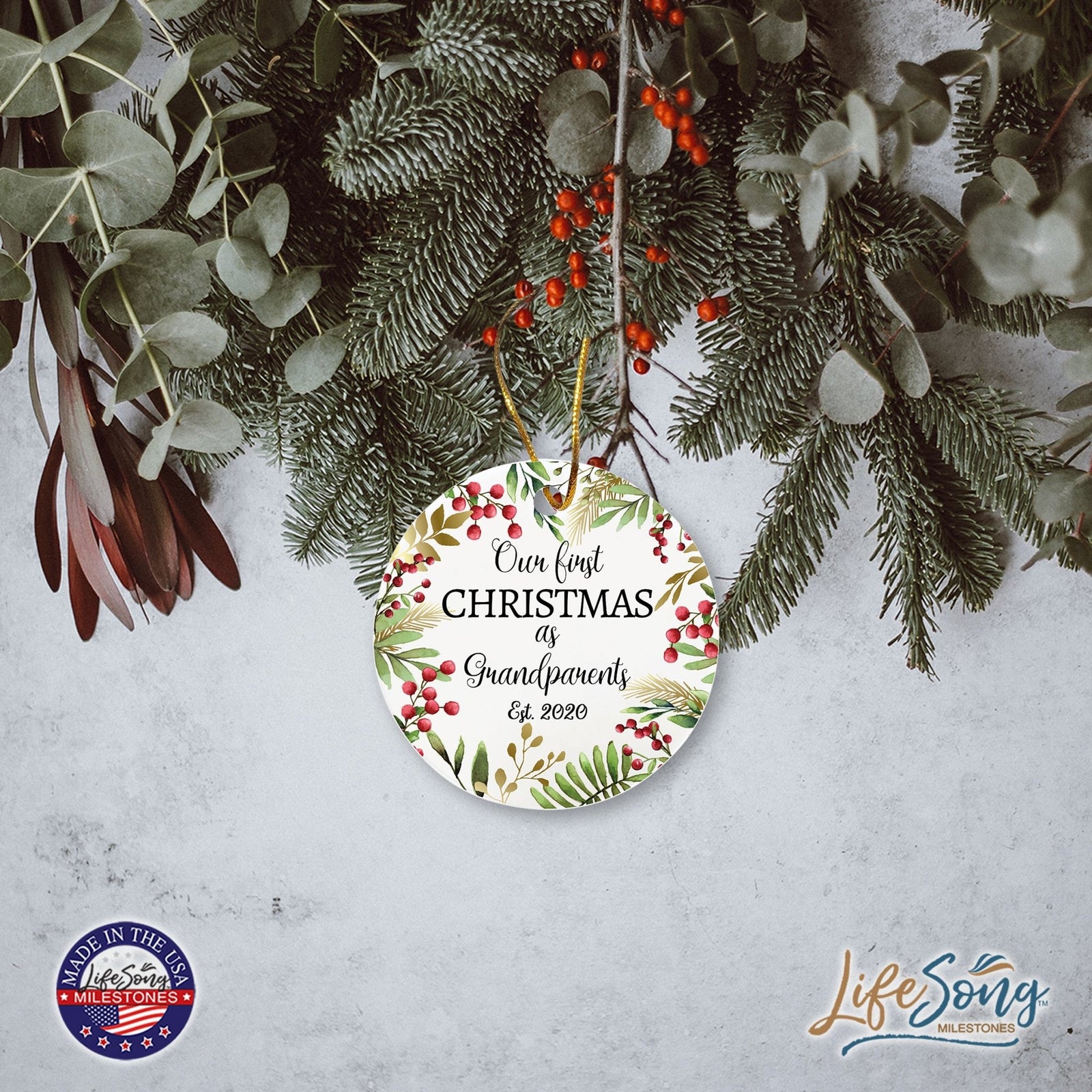 Personalized 2.75in Christmas Ceramic White Round Ornament for Grandparents - Our First Christmas as Grandparents - LifeSong Milestones