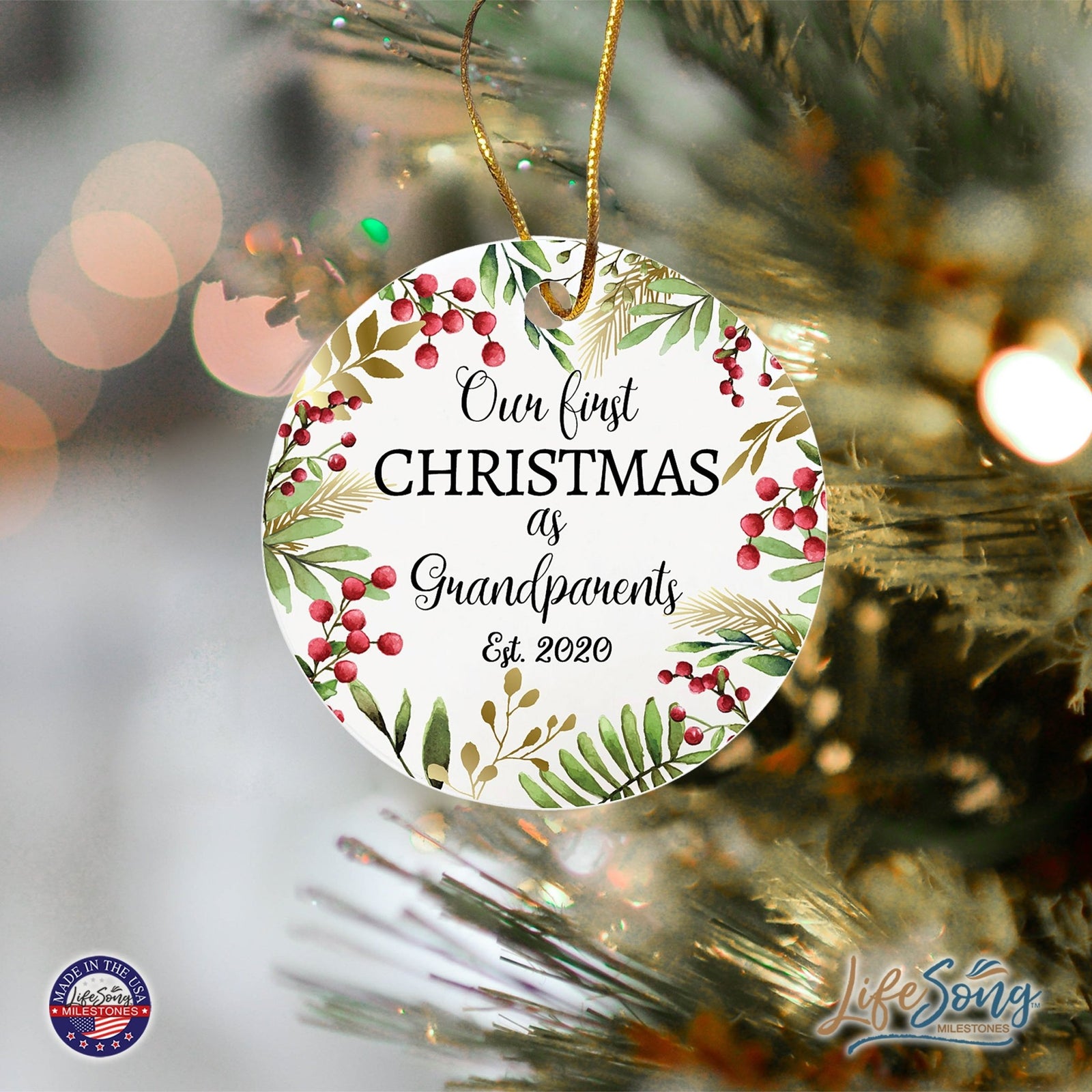 Personalized 2.75in Christmas Ceramic White Round Ornament for Grandparents - Our First Christmas as Grandparents - LifeSong Milestones