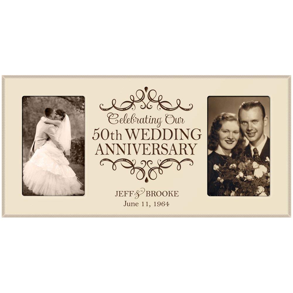 Ivory personalized 50th wedding anniversary double photo frame holding two 4x6 vertical photos