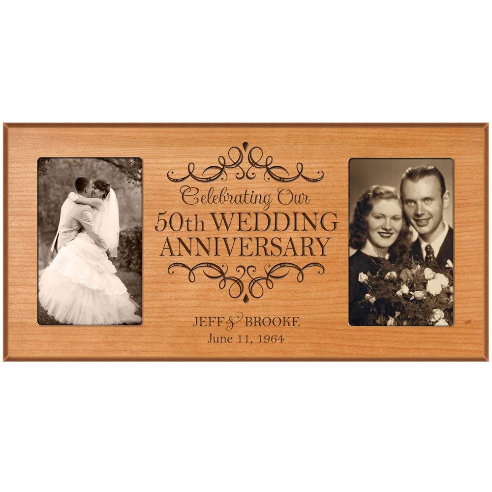 Cherry wood personalized 50th wedding anniversary double photo frame holding two 4x6 vertical photos