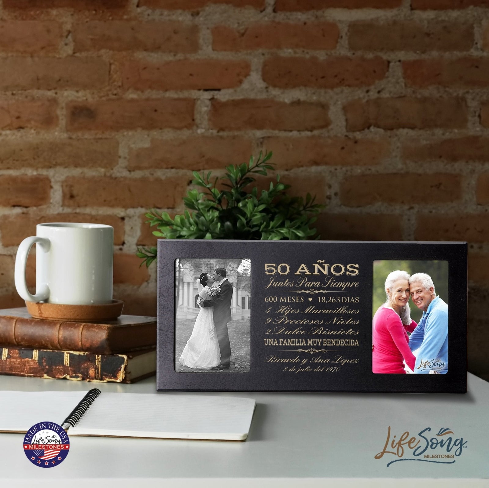 Personalized 50th Anniversary Picture Frame Holds 2-4x6 Photos (Spanish Verse) - LifeSong Milestones