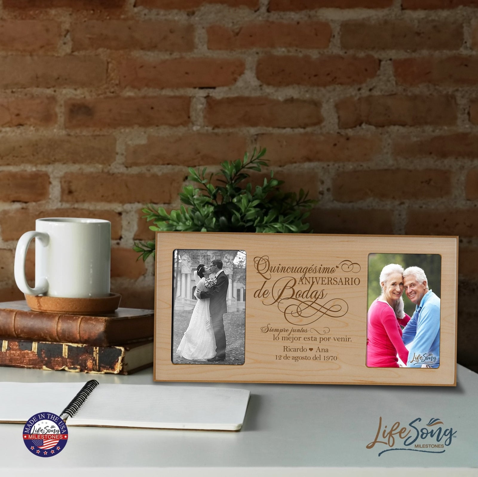 Personalized 50th Anniversary Picture Frame Holds 2-4x6 Photos (Spanish Verse) - LifeSong Milestones
