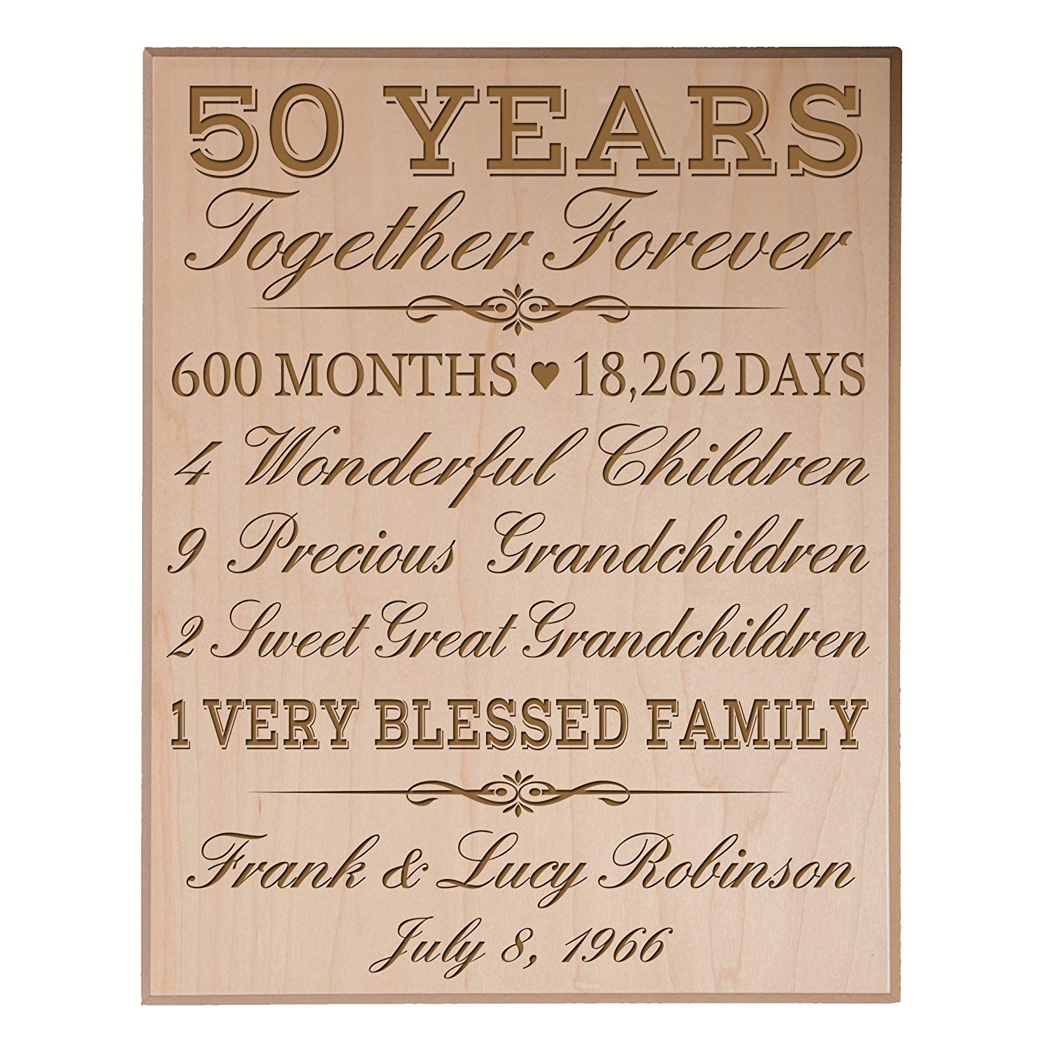 Maple veneer wood custom engraved 50th anniversary plaque – elegant personalized golden anniversary gift idea.