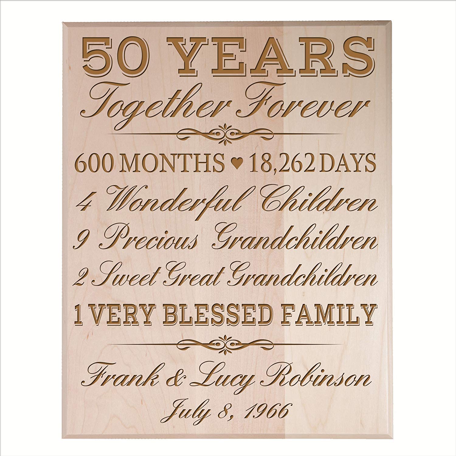 Maple solid wood 50th anniversary custom engraved plaque – unique golden anniversary keepsake by Lifesong Milestones.