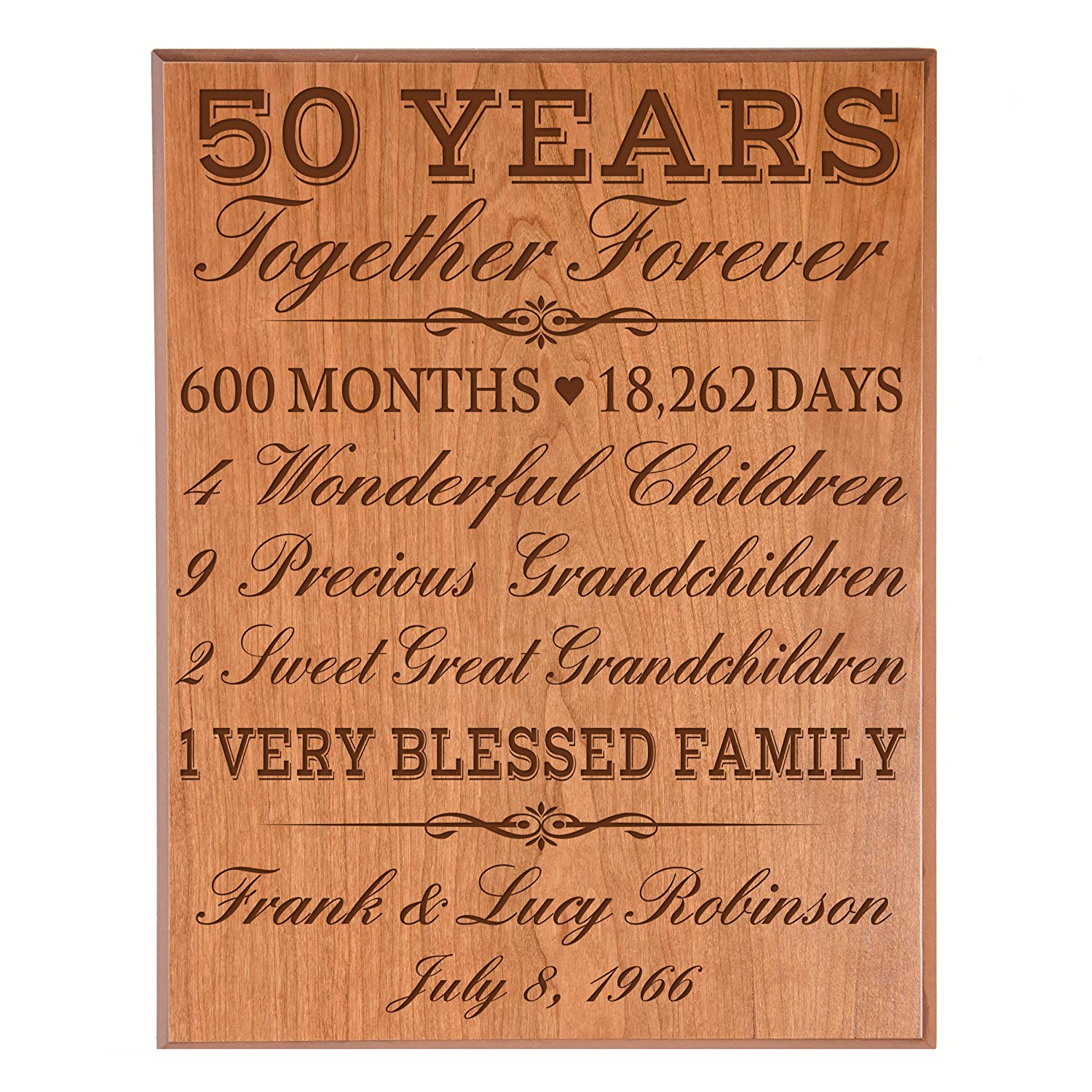 Cherry veneer wood personalized 50th anniversary plaque – custom engraved golden anniversary wall decor.