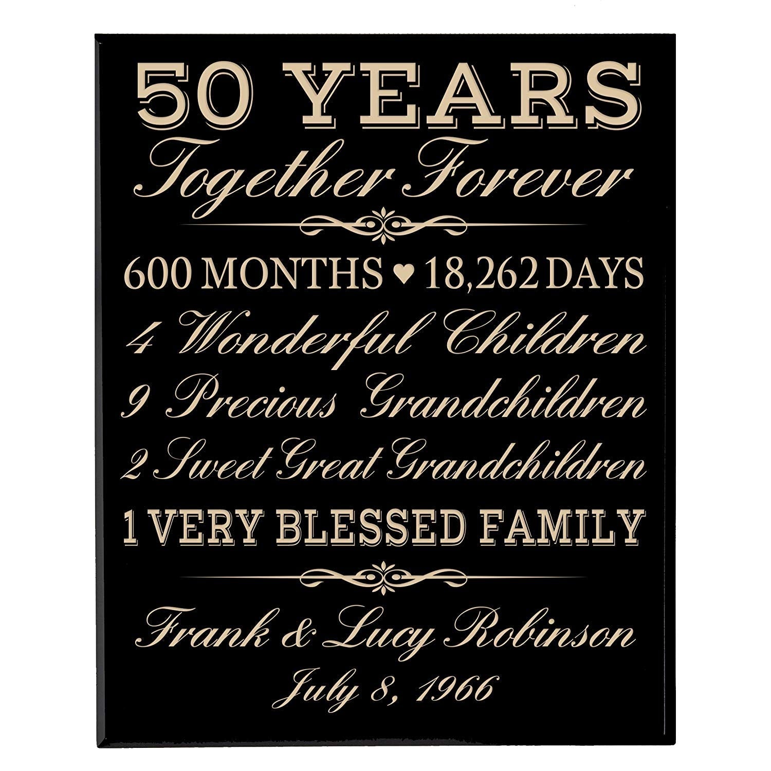 Black solid wood 50th anniversary personalized engraved plaque – golden anniversary wall decor by Lifesong Milestones.