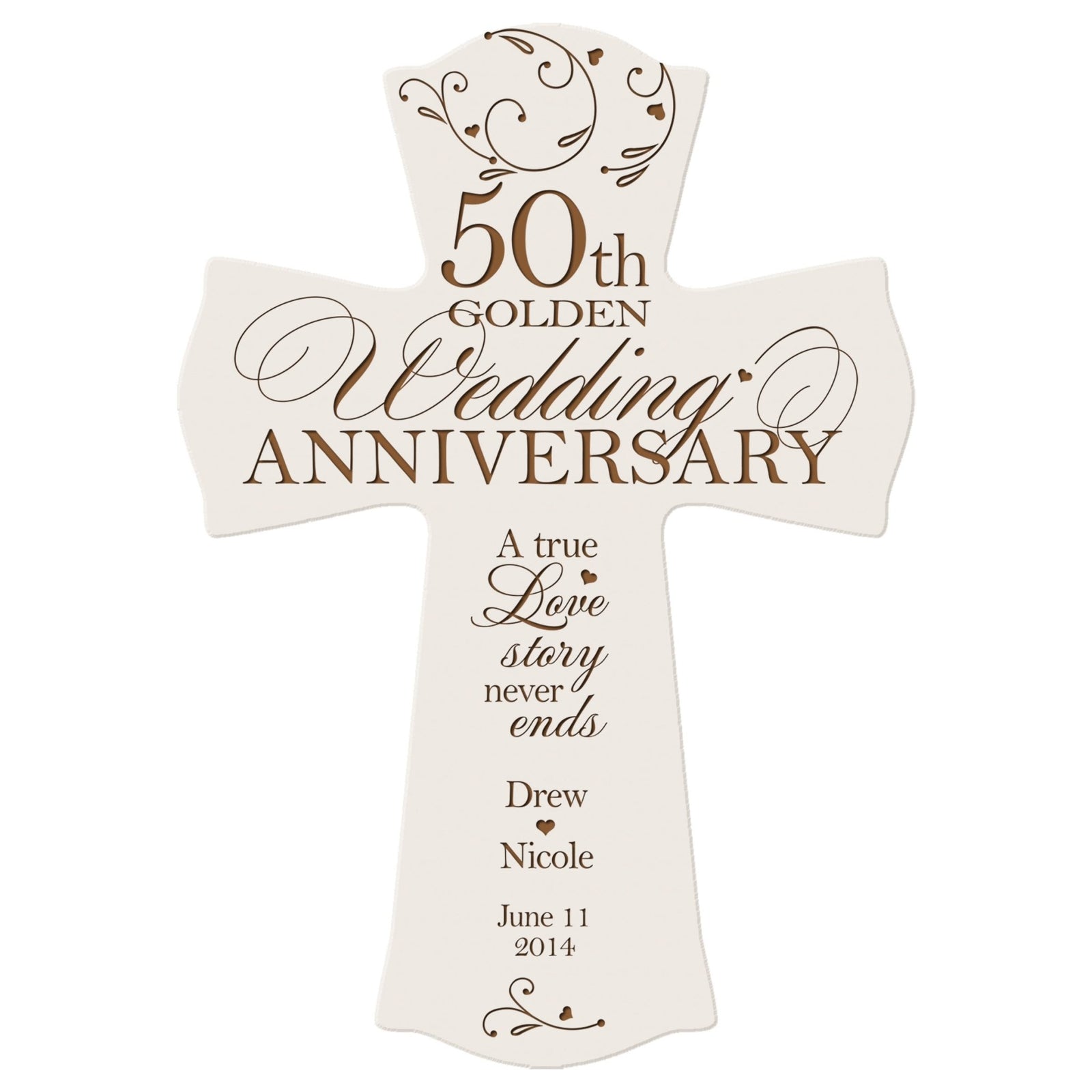 Ivory white 50th Golden Wedding Anniversary personalized cross plaque featuring names, wedding date, and elegant scroll design—Christian home décor gift for couples.