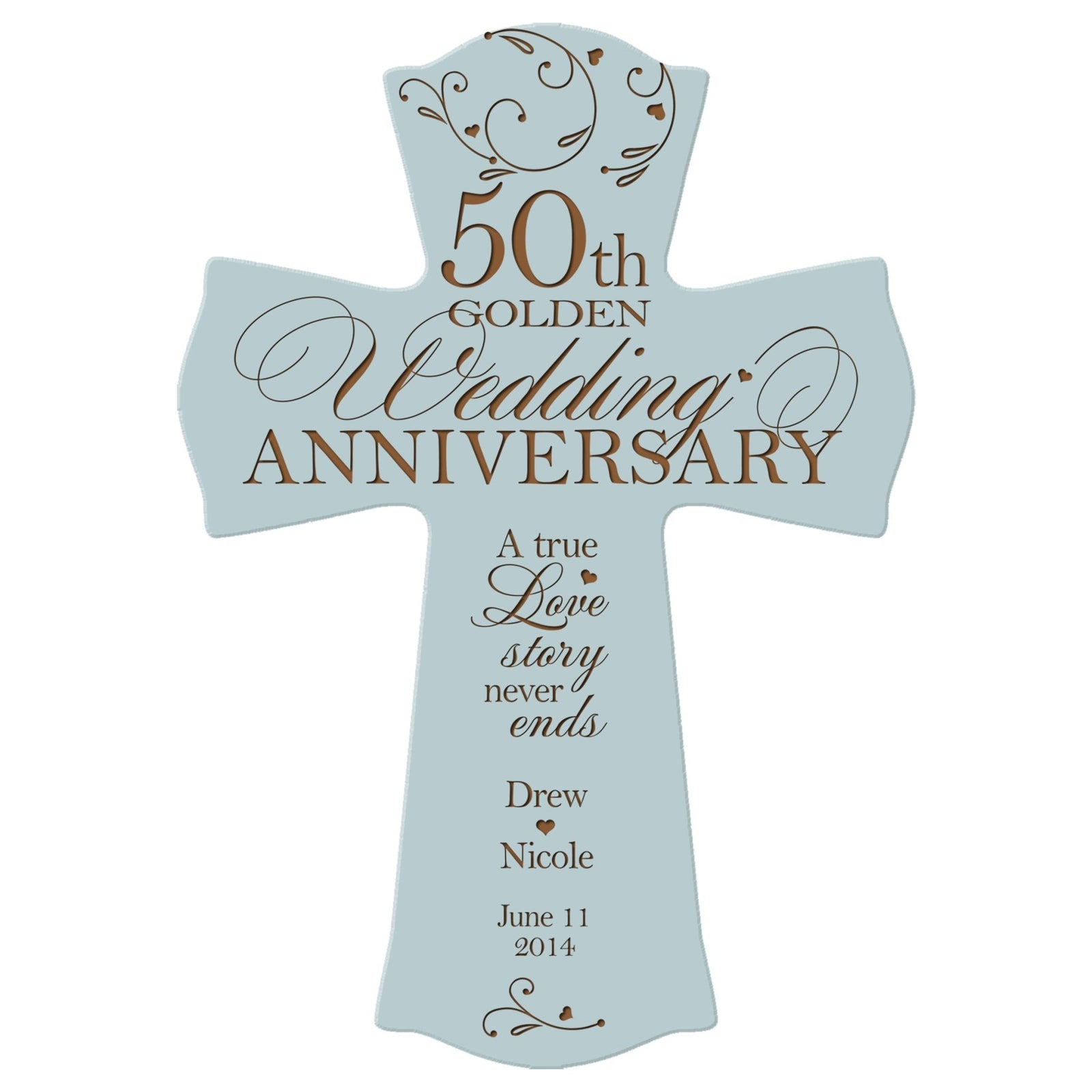 Personalized 50th Golden Wedding Anniversary cross plaque in light blue color, featuring custom names, wedding date, and elegant calligraphy—religious Christian anniversary wall decor gift.