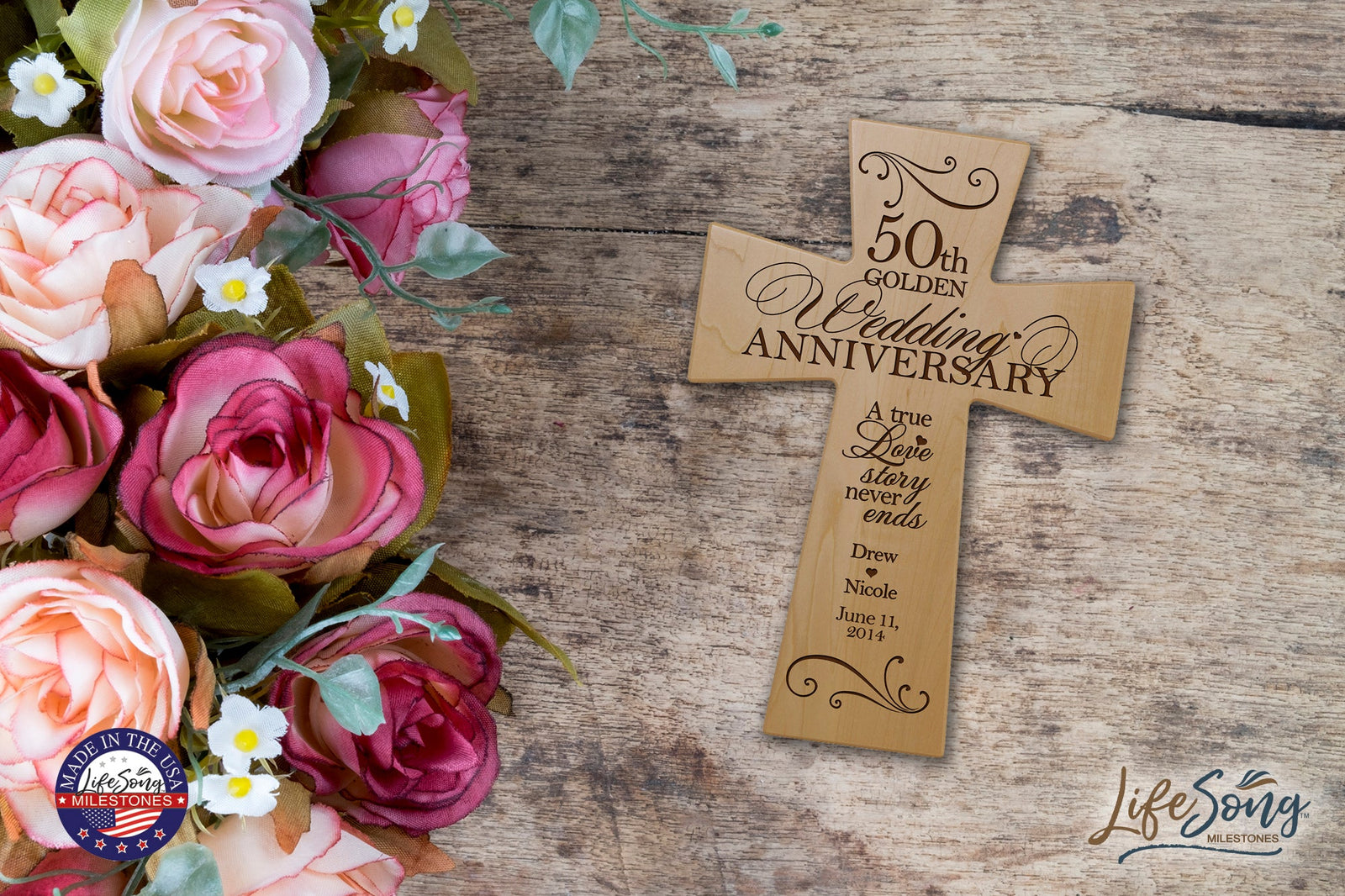 Personalized 50th Wedding Anniversary Engraved Wall Cross - A True Love Story - LifeSong Milestones