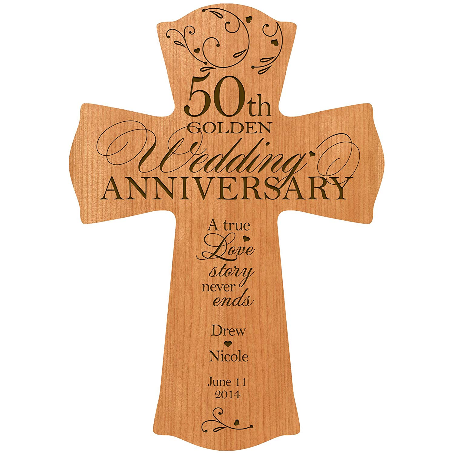 Close up laser engraved personalization on 50th anniversary wooden wall cross showing couple names and date