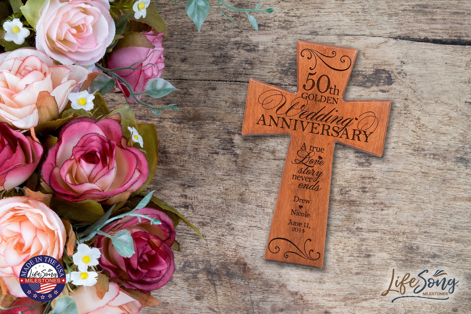Personalized 50th Wedding Anniversary Wall Cross - Love Story - LifeSong Milestones