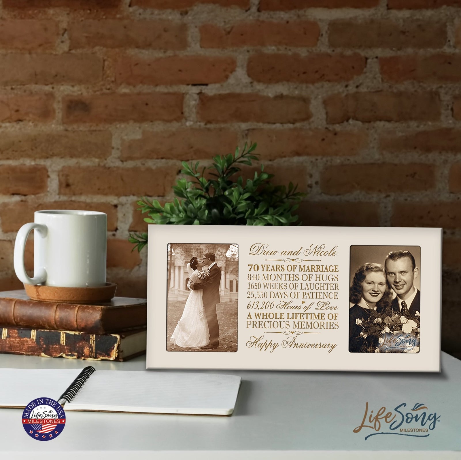 Personalized 70th Anniversary Double Photo Frame - Happy Anniversary - LifeSong Milestones