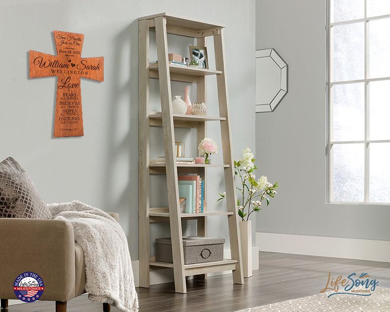 Personalized 7x11 Wall Hanging Cross for Wedding and Anniversary – Love bears all things (HEARTS) - LifeSong Milestones