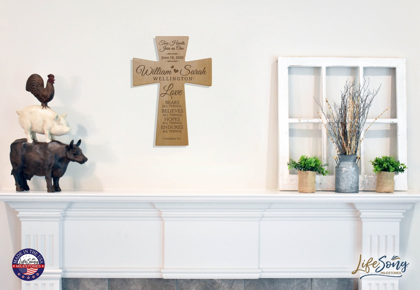 Personalized 7x11 Wall Hanging Cross for Wedding and Anniversary – Love bears all things (HEARTS) - LifeSong Milestones