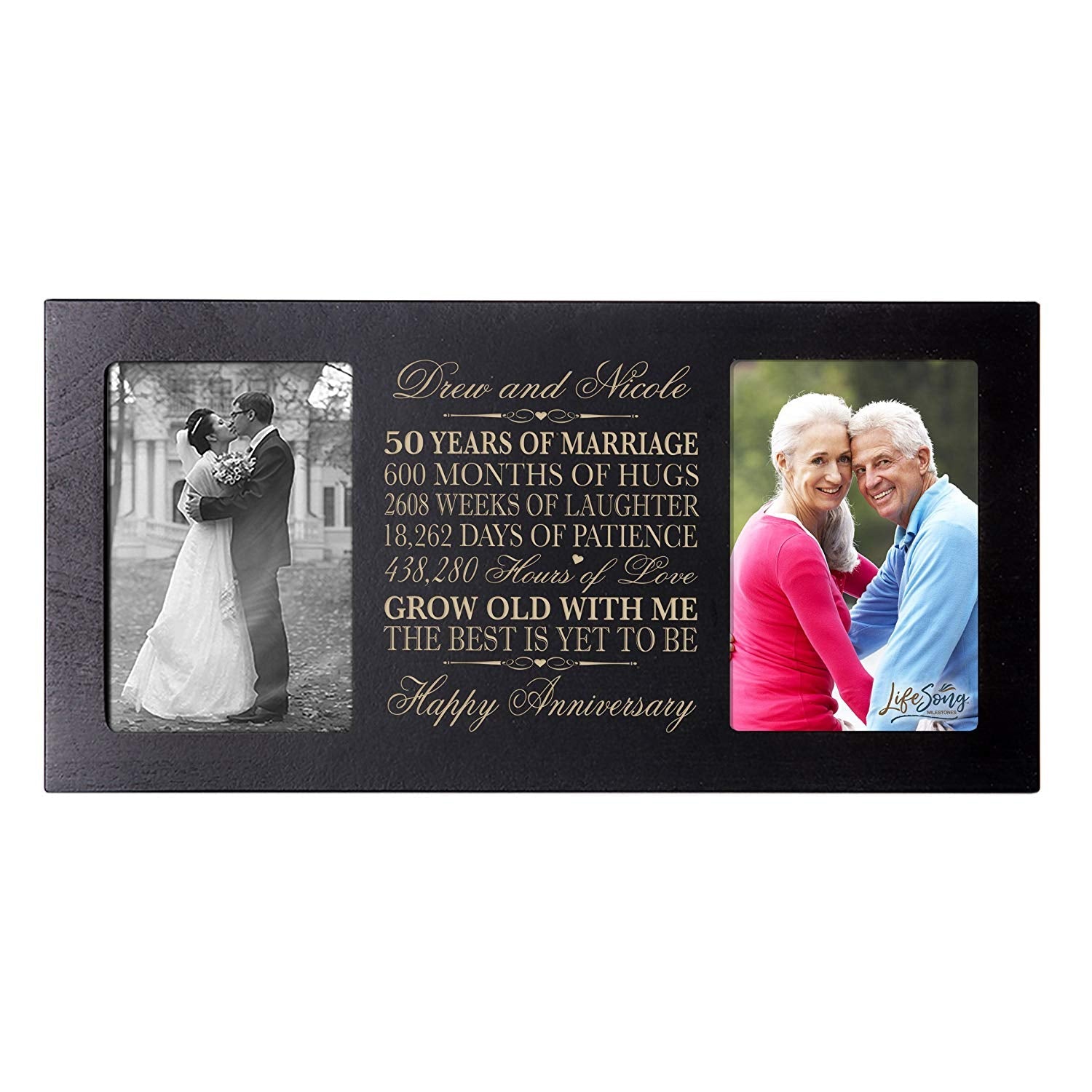personalized 50th wedding anniversary double picture frame holding two 4x6 photos, golden anniversary gift by LifeSong Milestones