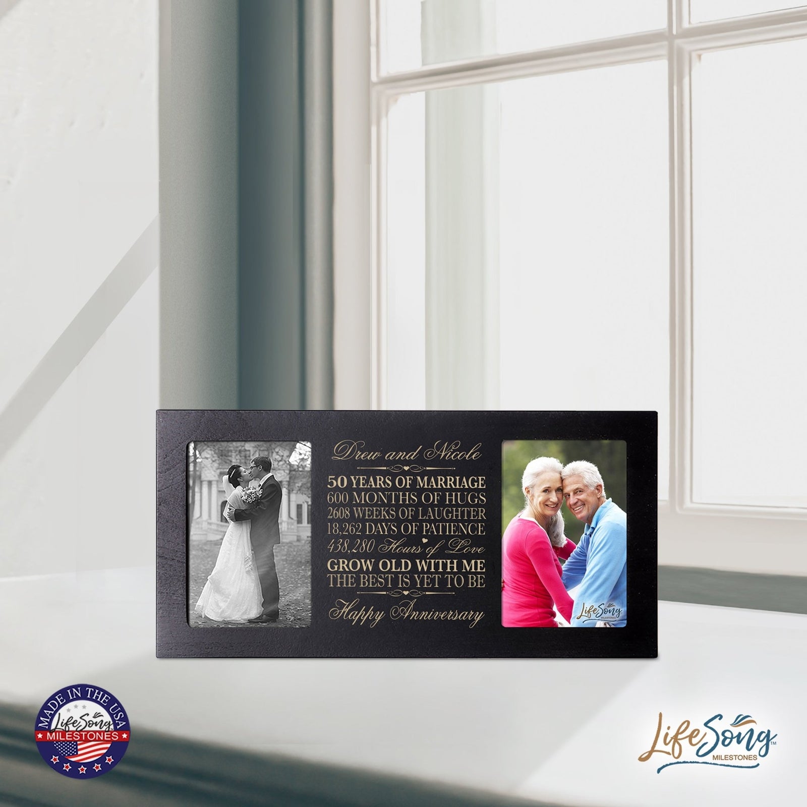 Lifestyle image of golden anniversary double picture frame on a table, personalized gift idea for parents, grandparents, or couples