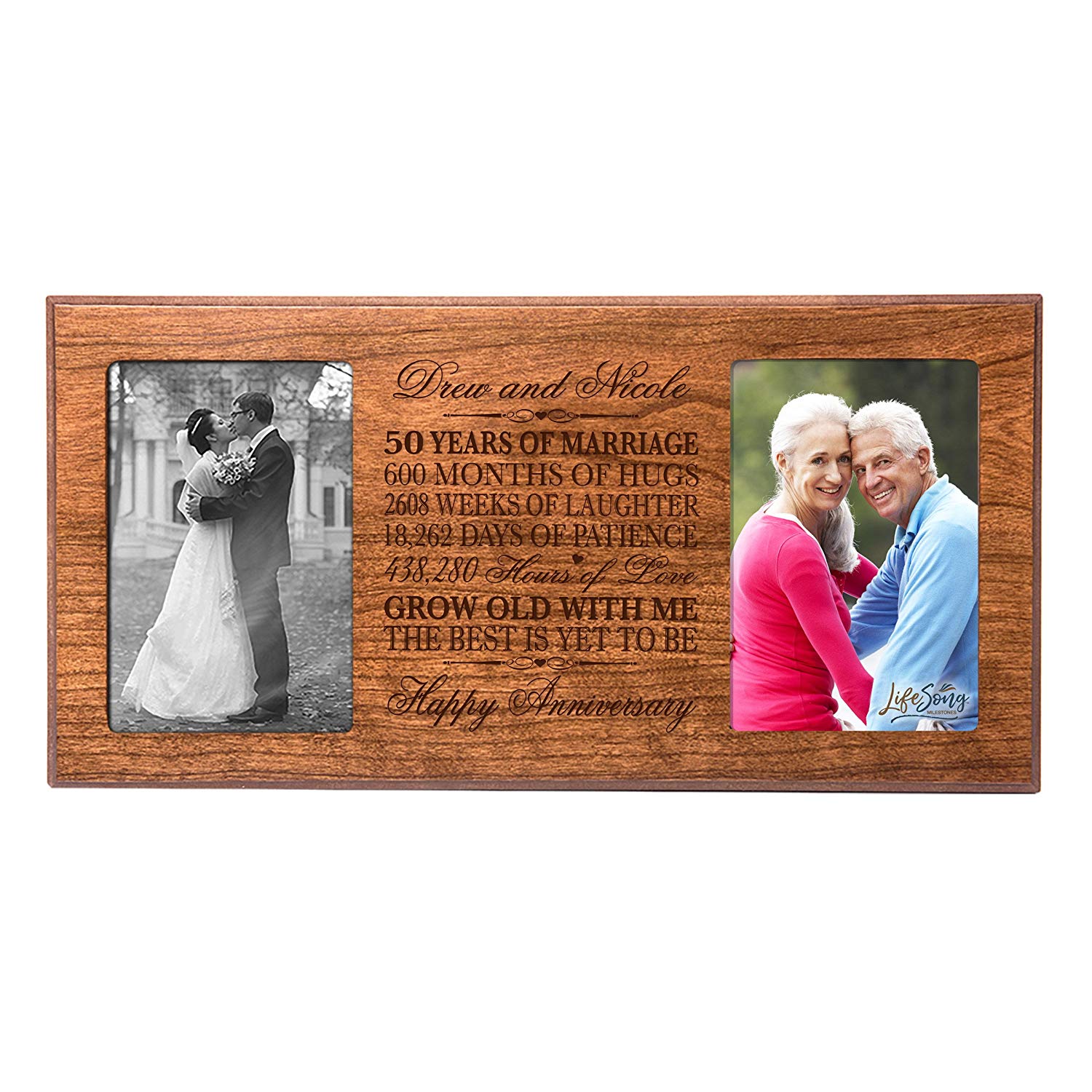 cherry wood 50th anniversary double picture frame, personalized keepsake for couples celebrating 50 years of love