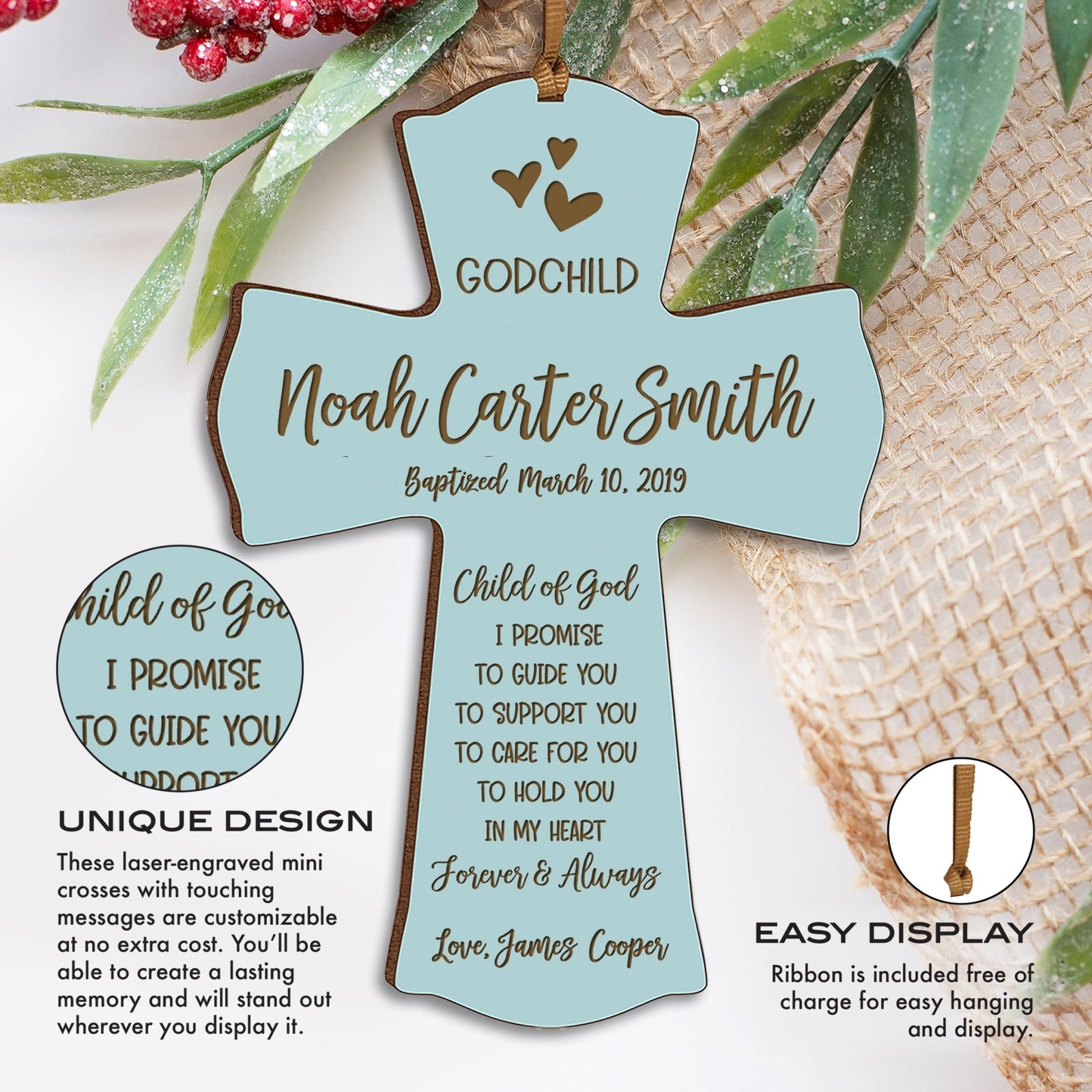 Personalized Baby Baptism Cross Ornament - I Promise To Guide - LifeSong Milestones