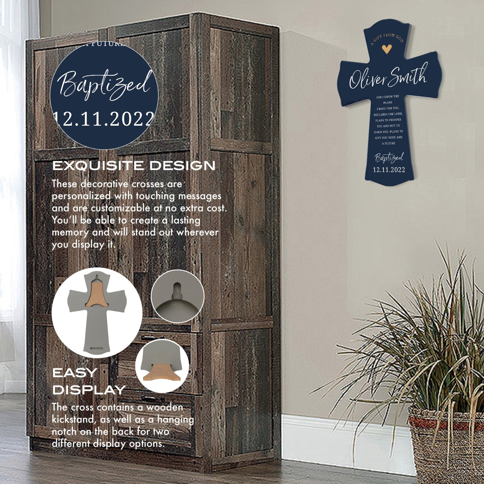 Personalized Baby Baptism Wooden Wall Cross - LifeSong Milestones