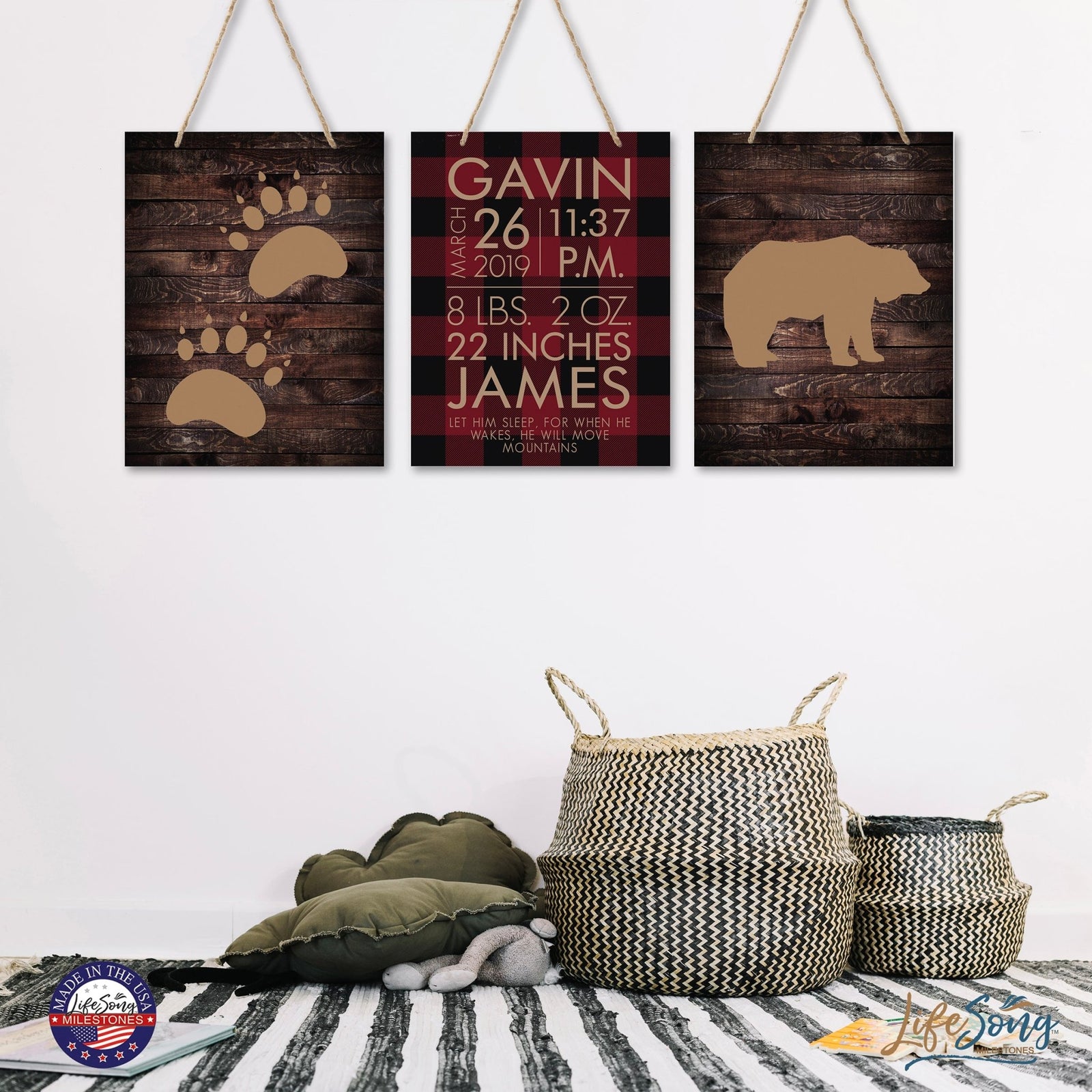 Personalized Baby Birth Arrival Stats Nursery Sign Set - Bear Prints - LifeSong Milestones