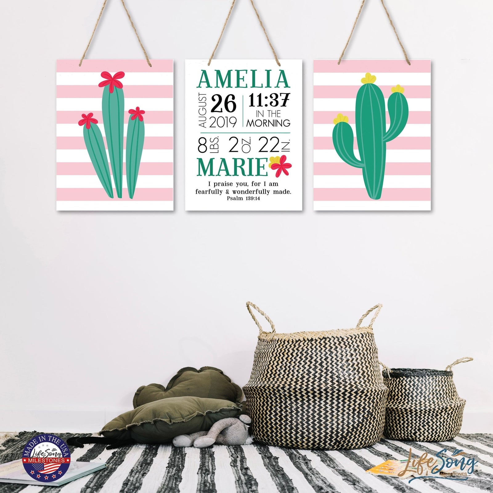 Personalized Baby Birth Arrival Stats Nursery Sign Set - Cactus - LifeSong Milestones