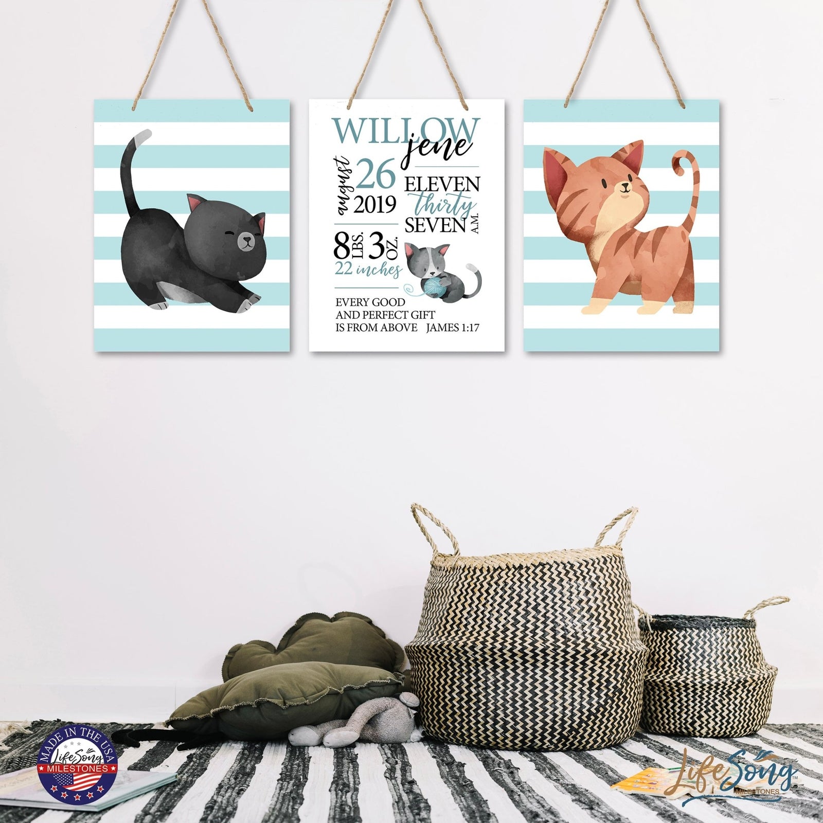 Personalized Baby Birth Arrival Stats Nursery Sign Set - Cats - LifeSong Milestones