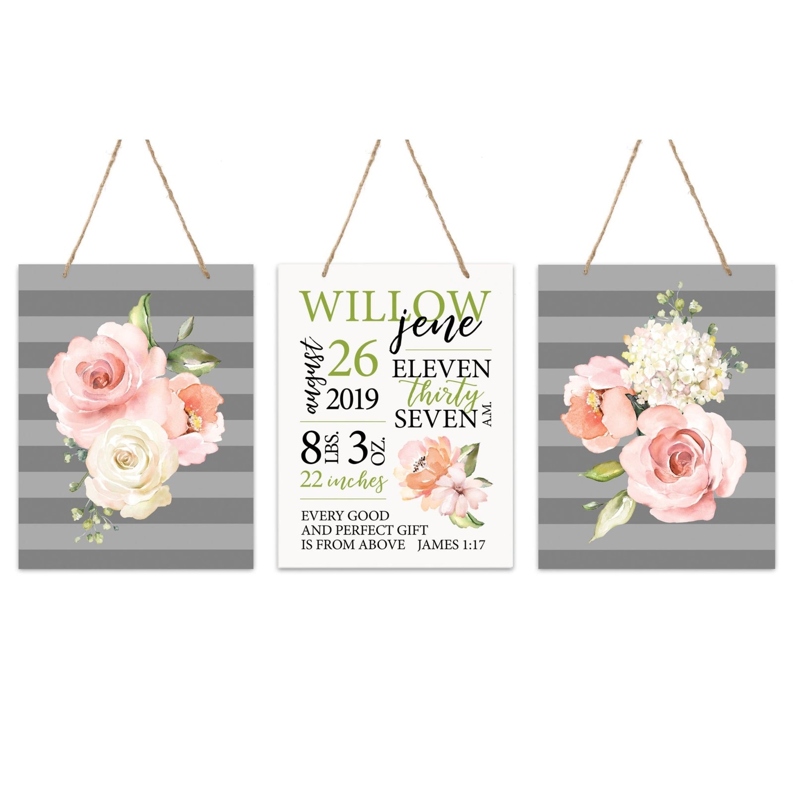 Personalized Baby Birth Arrival Stats Nursery Sign Set - Flowers - LifeSong Milestones