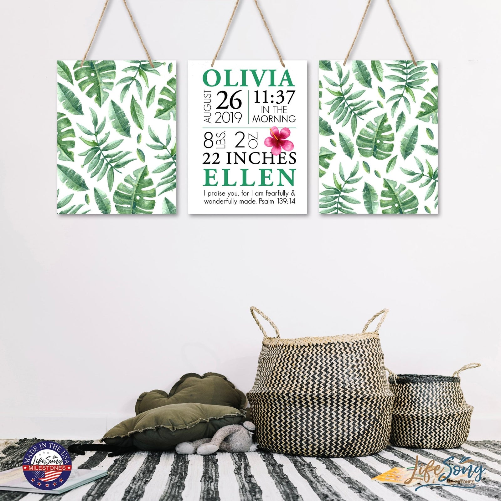 Personalized Baby Birth Arrival Stats Nursery Sign Set - Leaves - LifeSong Milestones