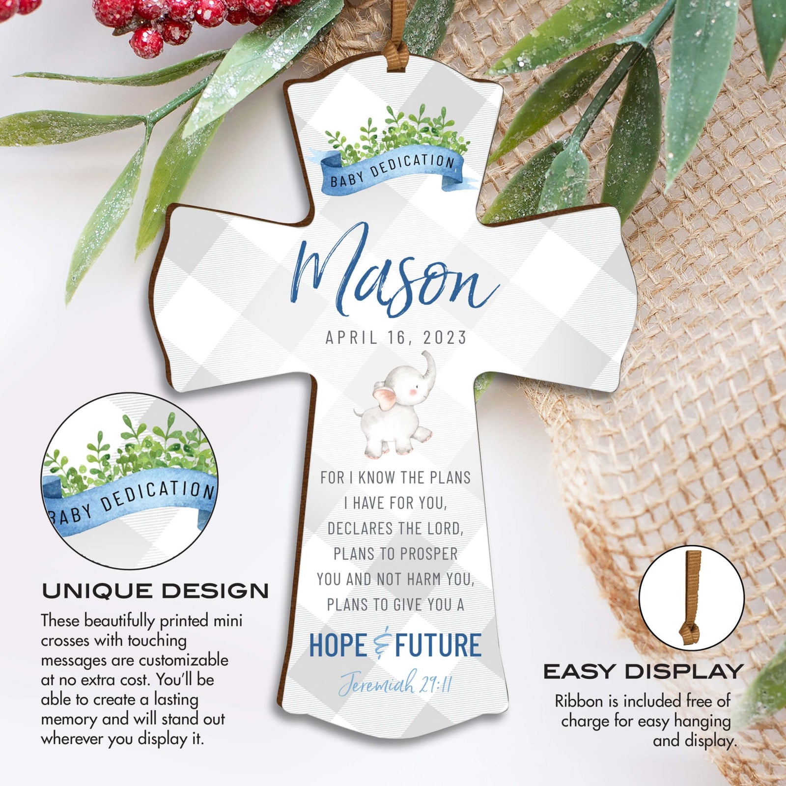 Personalized Baby Dedication Wooden Mini Cross - For I Know The Plans - LifeSong Milestones