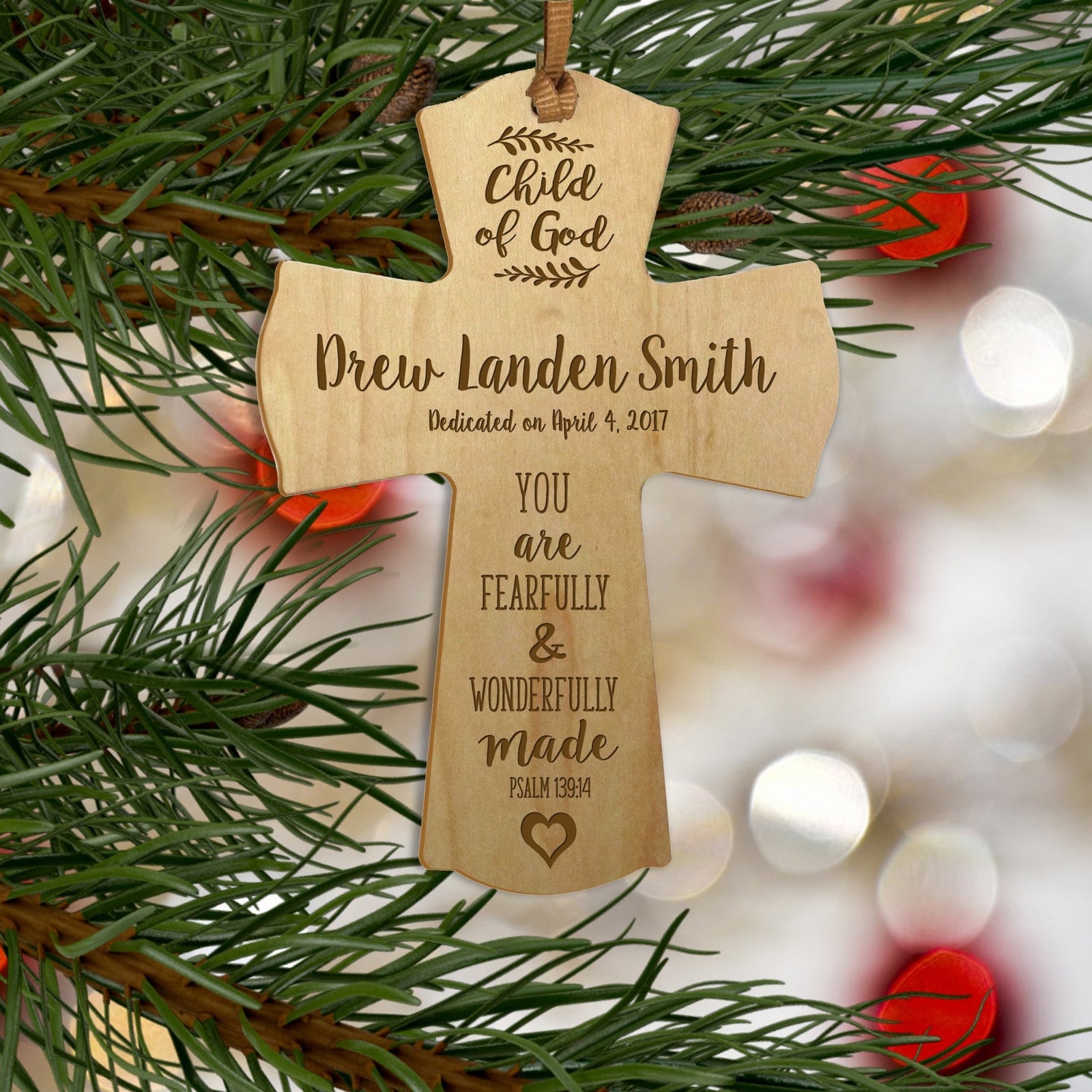 Personalized Baptism Cross Ornament - Fearfully & Wonderfully - LifeSong Milestones