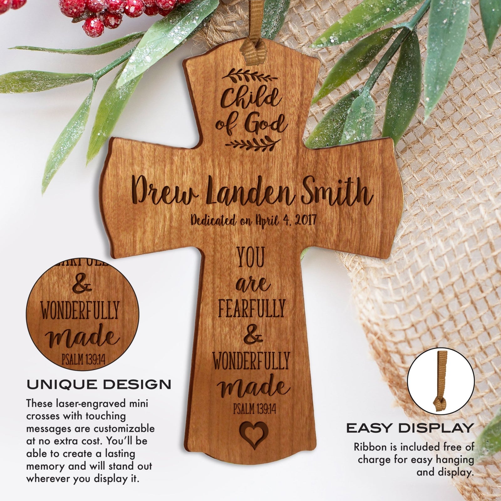 Personalized Baptism Cross Ornament - Fearfully & Wonderfully - LifeSong Milestones