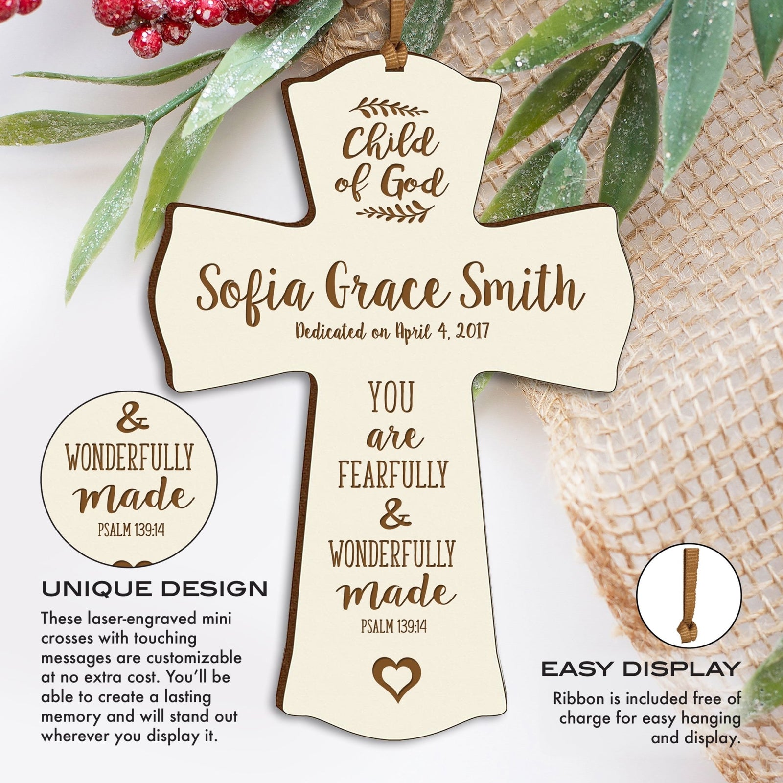 Personalized Baptism Cross Ornament - Fearfully & Wonderfully - LifeSong Milestones