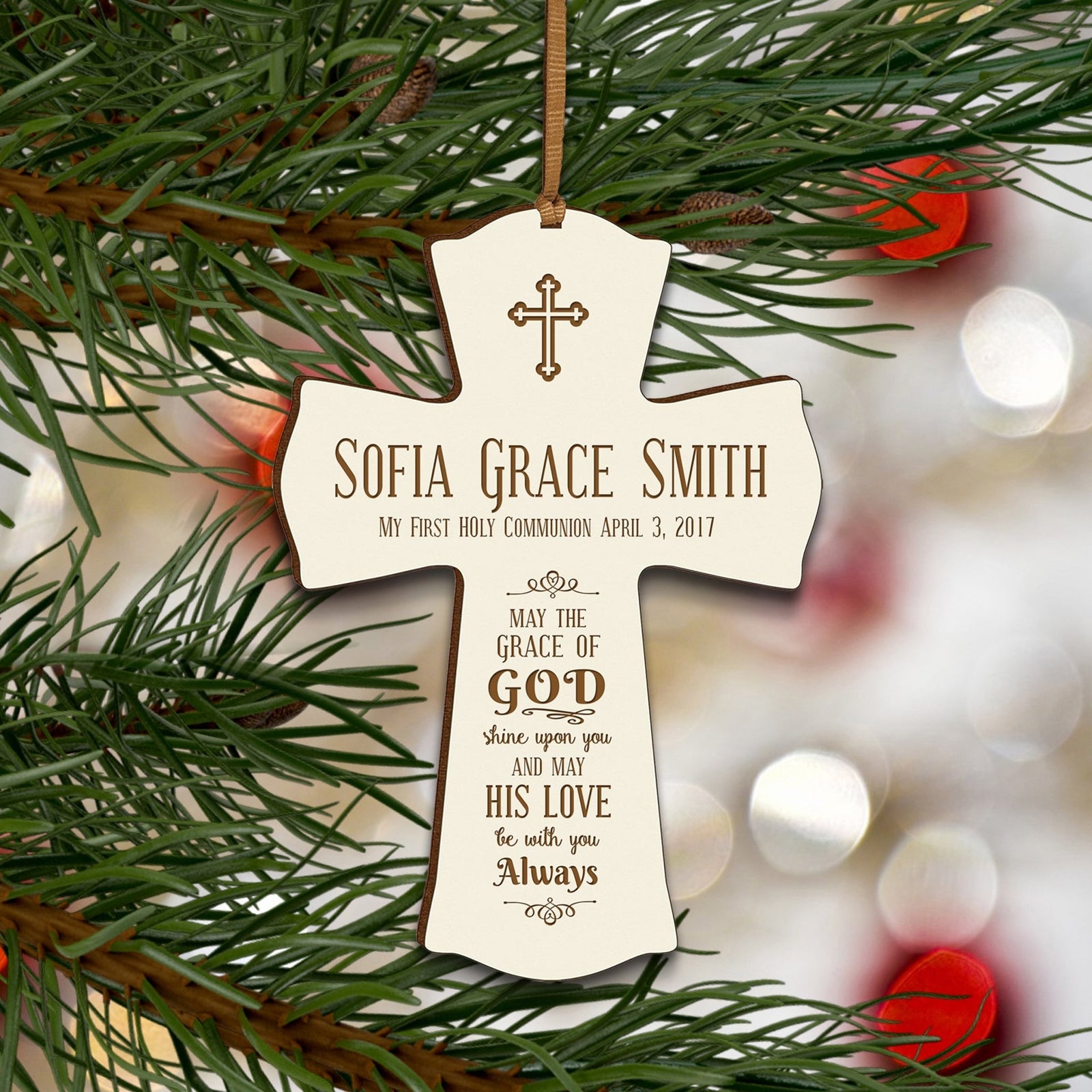 Personalized Baptism Cross Ornament - May The Grace Of God - LifeSong Milestones